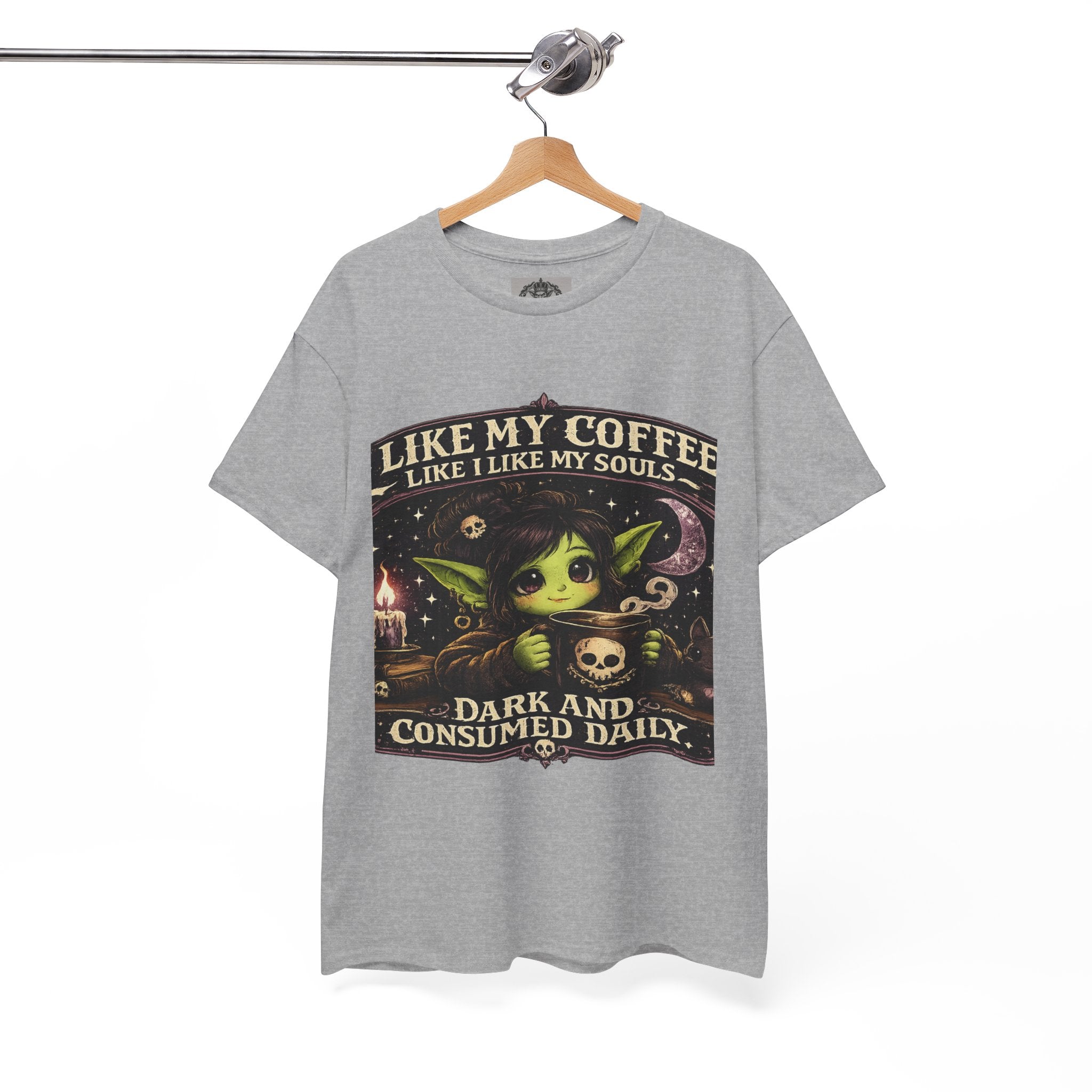 Like My Coffee Tee — "Like My Coffee Like I Like My Souls: Dark and Consumed Daily" Gothic Graphic T-Shirt