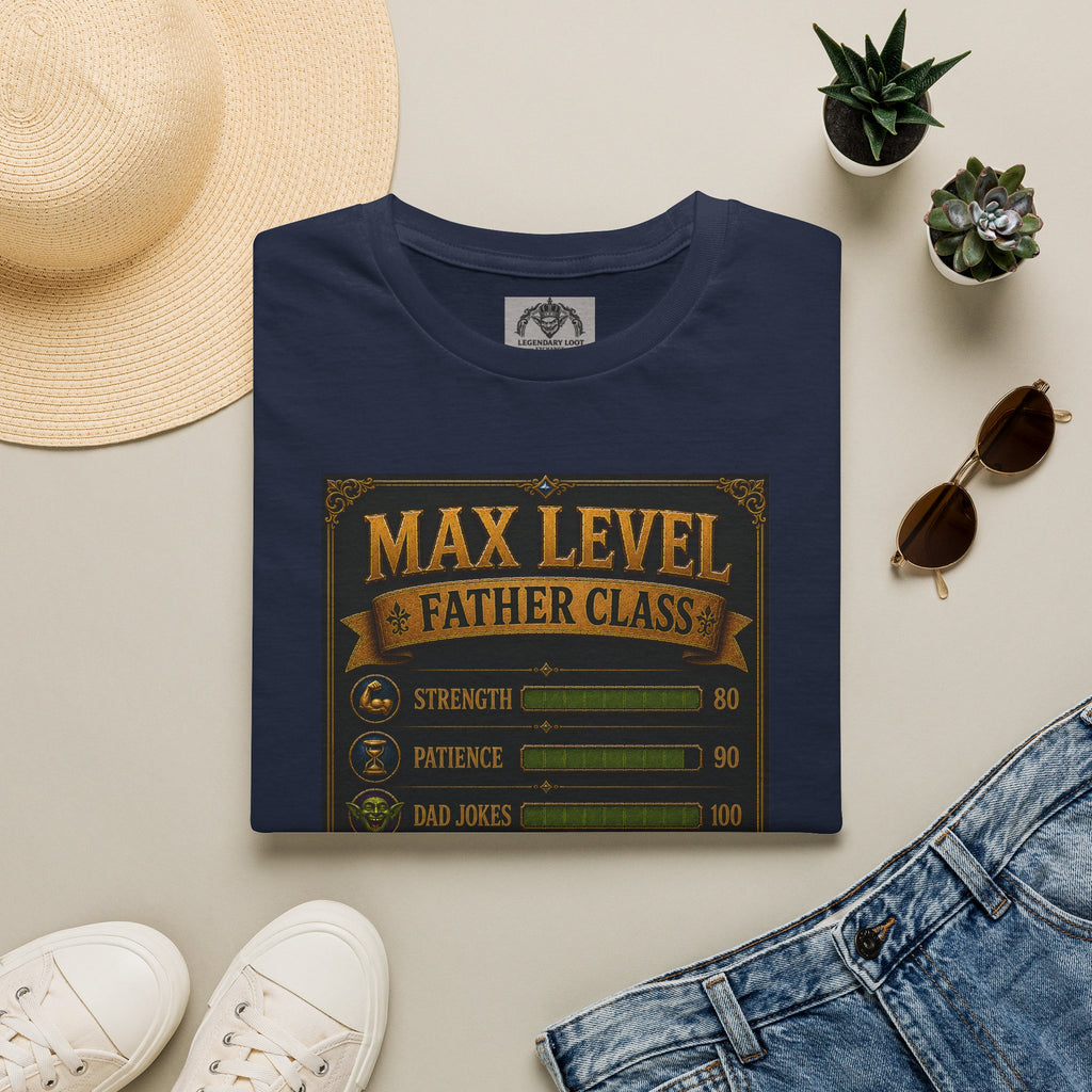 T-Shirt — "Max Level Father Class" Funny Gamer Dad Shirt (Strength, Patience, Dad Jokes)