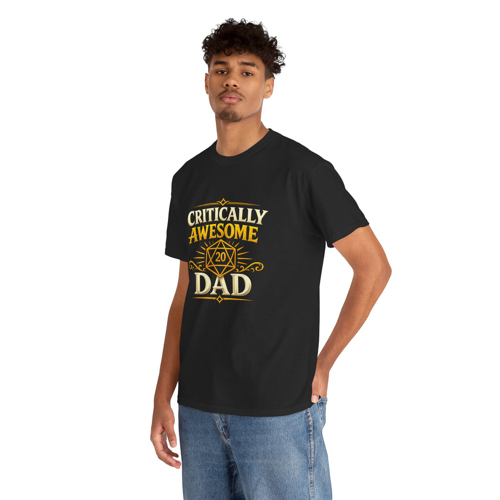 Critically Awesome Dad T‑Shirt – Gold D20 Gaming Father Tee (Father’s Day, Gamer Dad Gift)