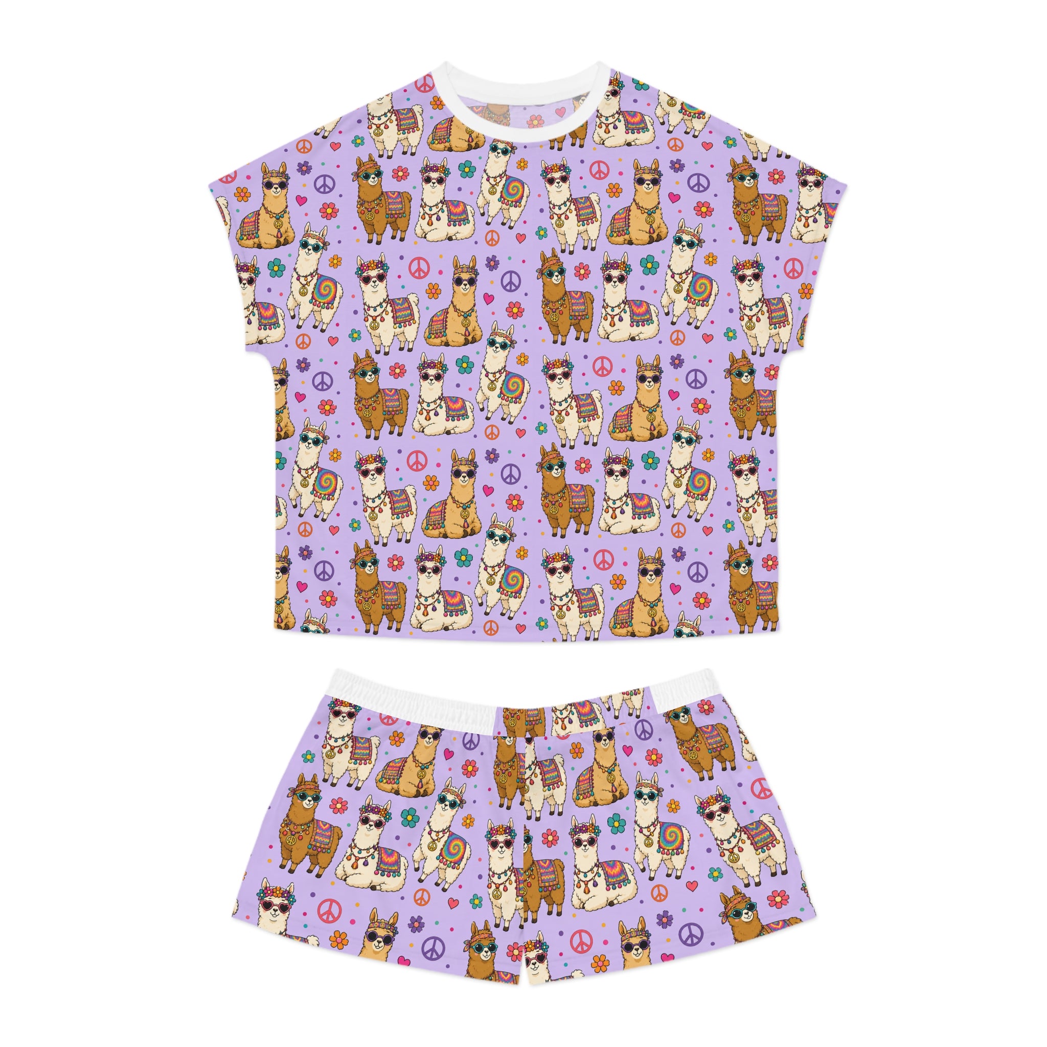 Llama Party Women’s Short Pajama Set — Cute Purple All-Over Print Sleepwear