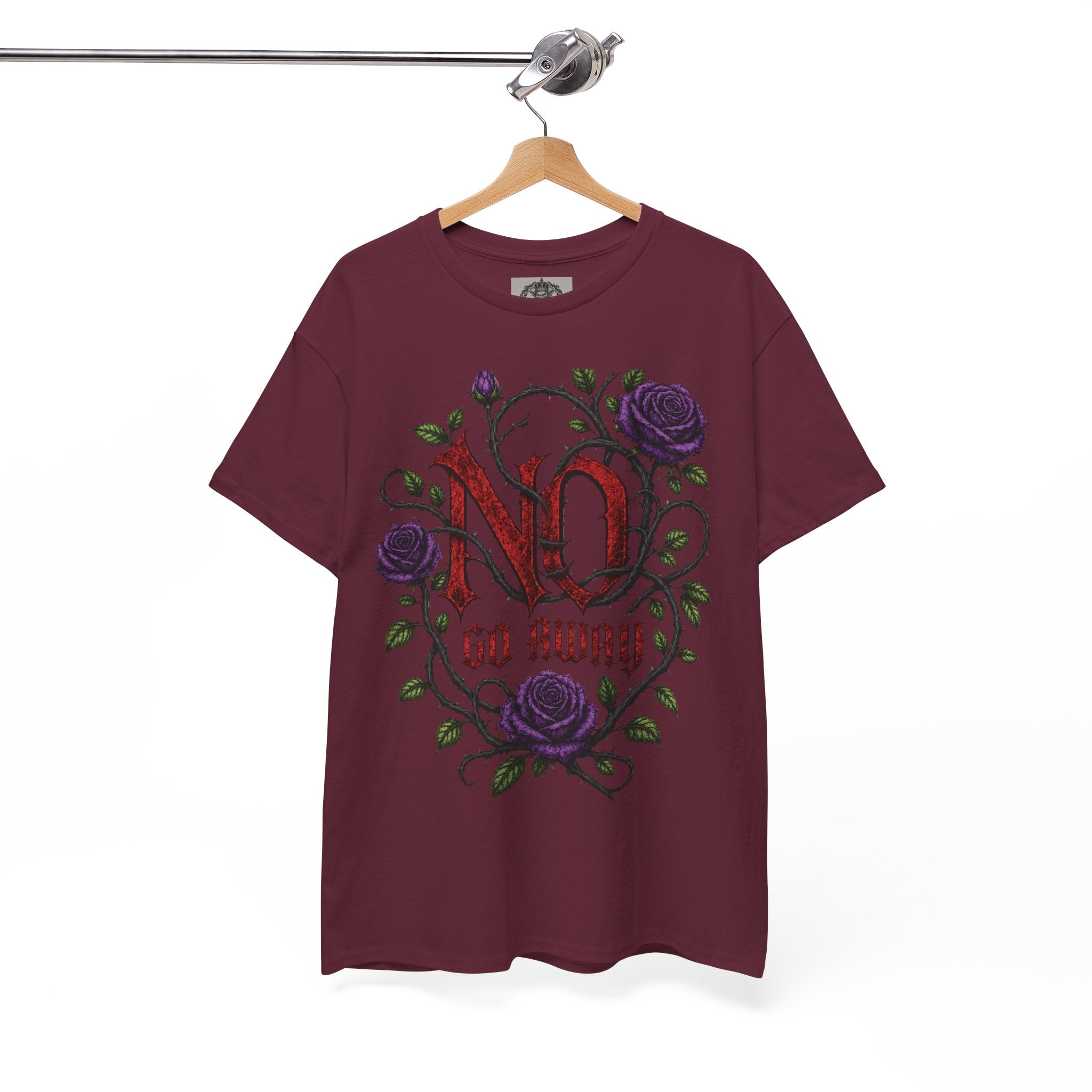 No Go Away T-Shirt | Gothic Purple Roses, Dark Floral Typography