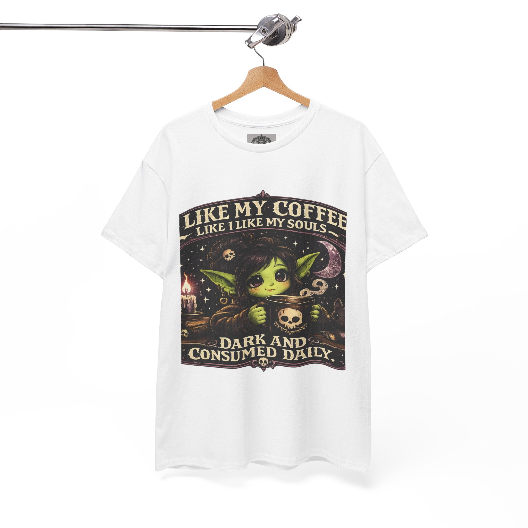 Like My Coffee Tee — "Like My Coffee Like I Like My Souls: Dark and Consumed Daily" Gothic Graphic T-Shirt