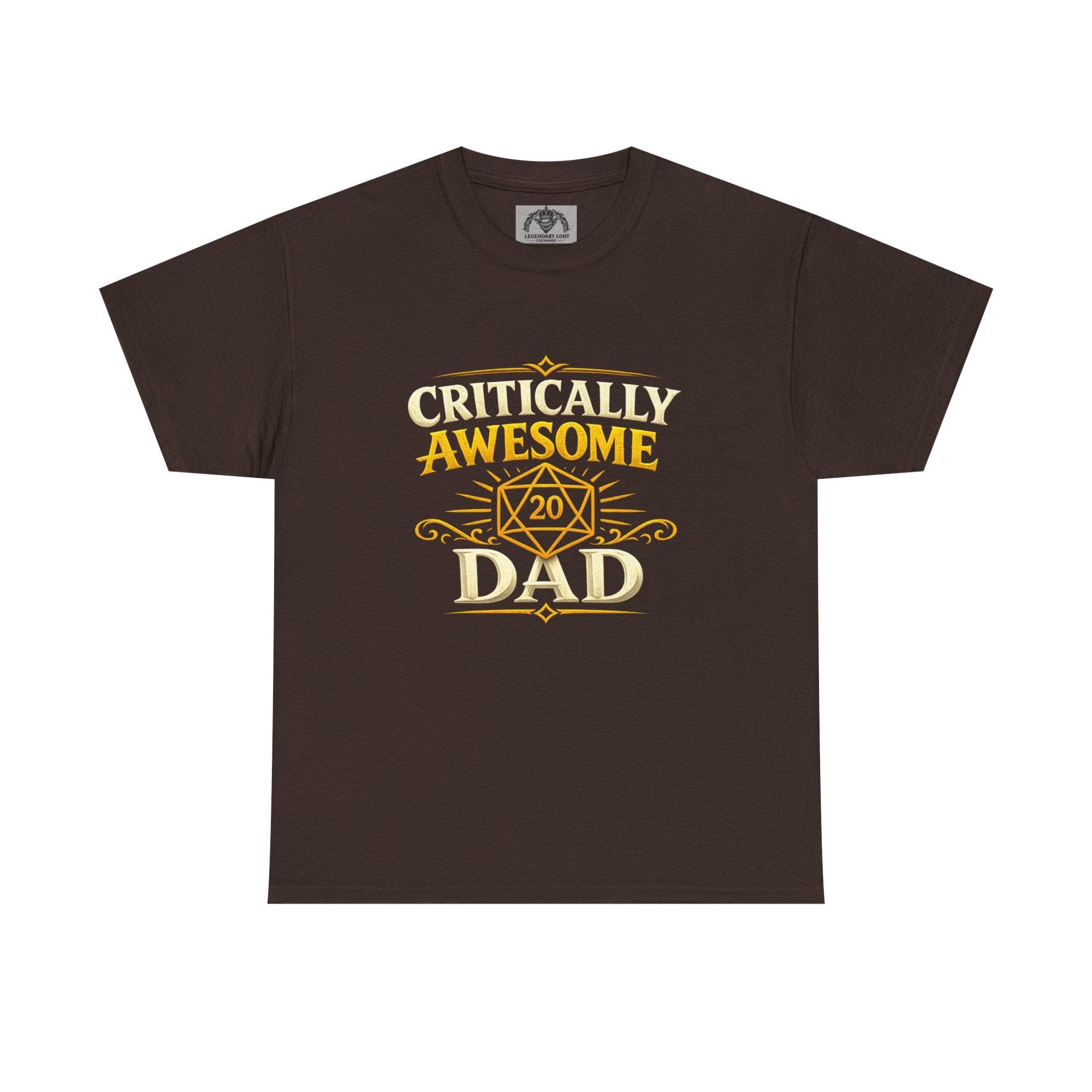 Critically Awesome Dad T‑Shirt – Gold D20 Gaming Father Tee (Father’s Day, Gamer Dad Gift)