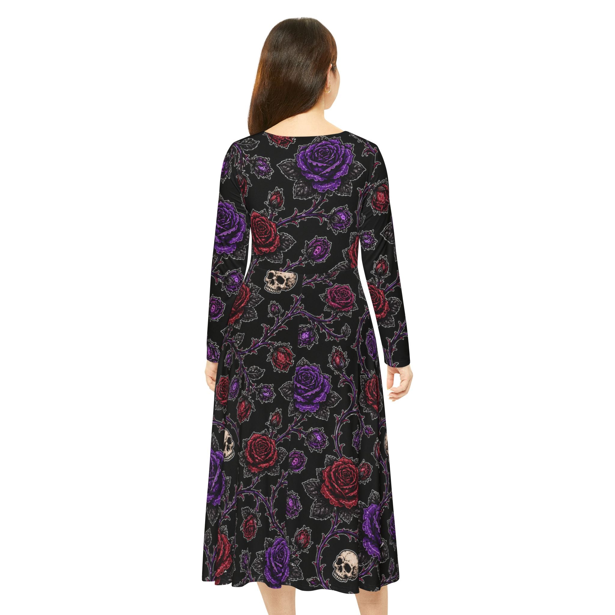 Gothic Skull & Roses Dress | Long Sleeve Floral Skull Pattern