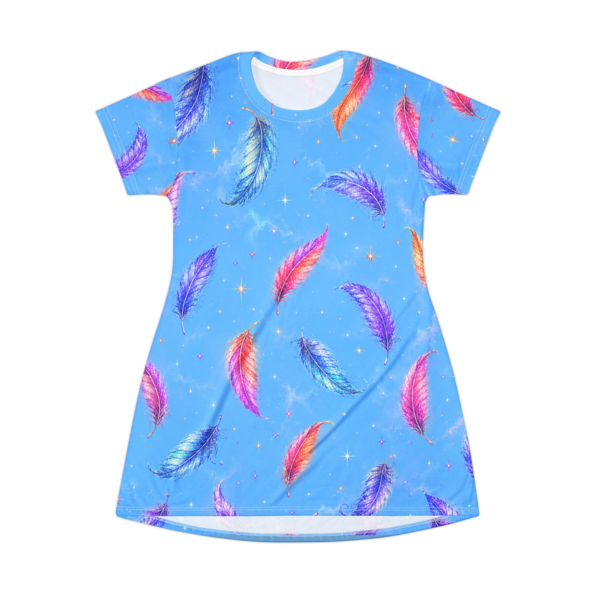 Feather Dream T-Shirt Dress - Colorful Watercolor Feathers AOP