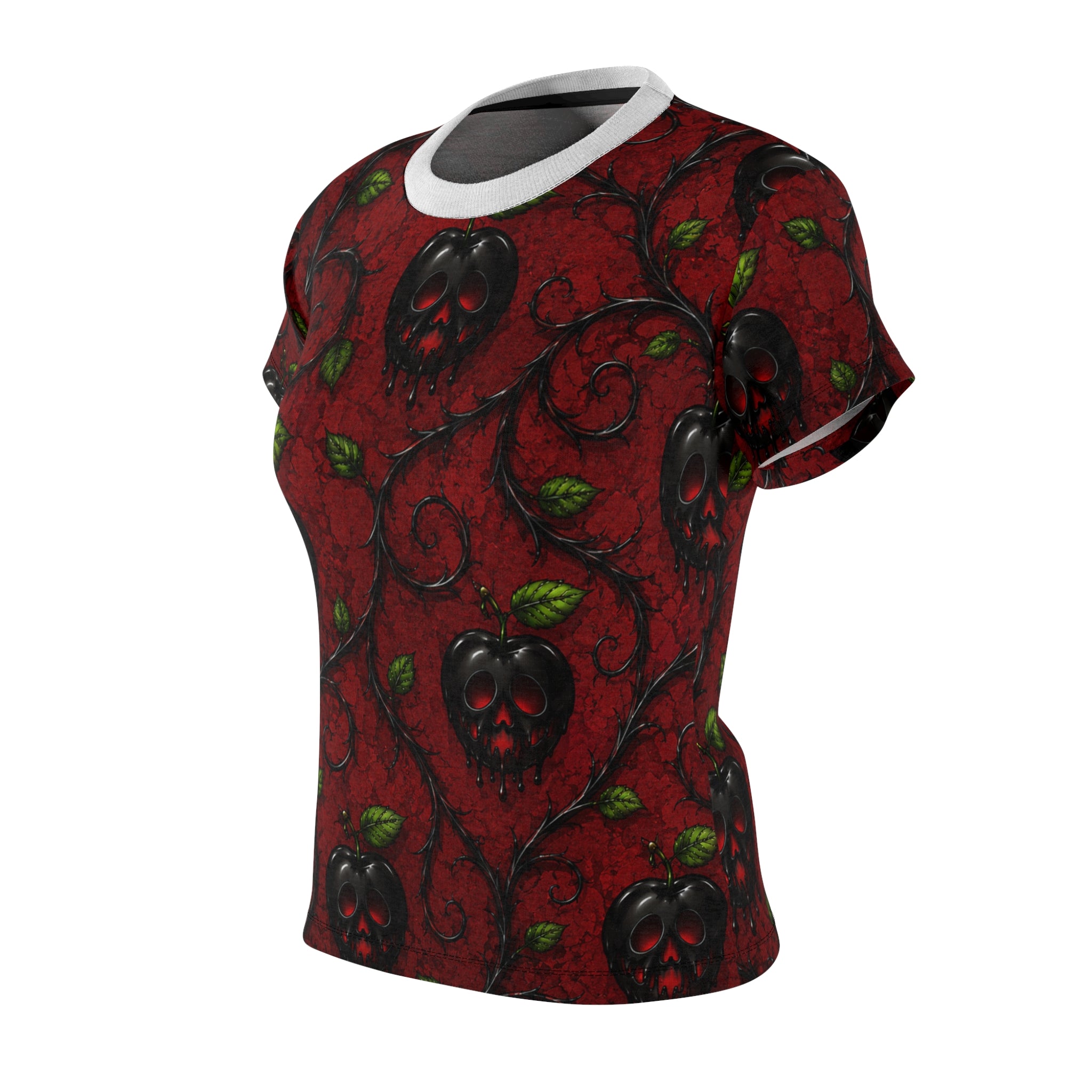 Women's Red Poison Apple Tee — Gothic Floral Skull Pattern