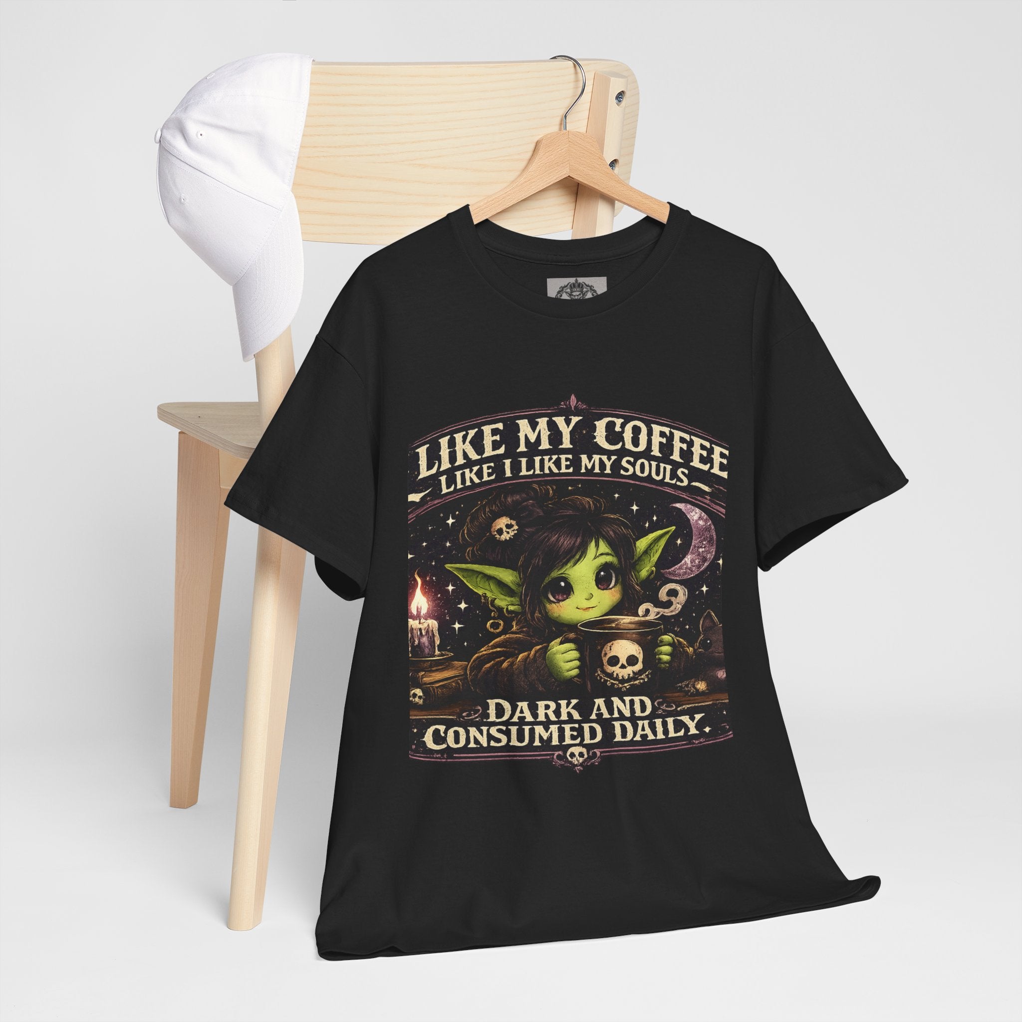 Like My Coffee Tee — "Like My Coffee Like I Like My Souls: Dark and Consumed Daily" Gothic Graphic T-Shirt
