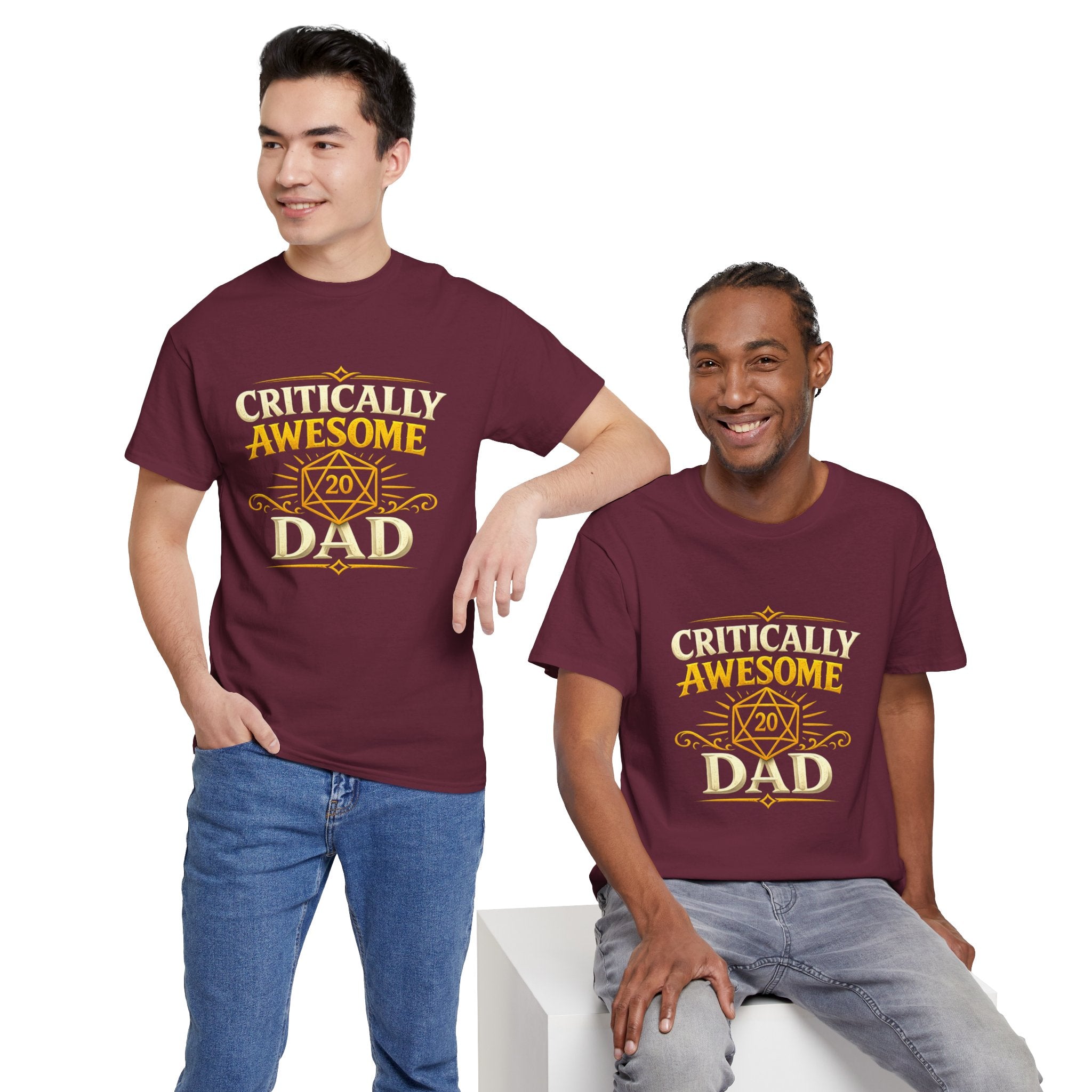 Critically Awesome Dad T‑Shirt – Gold D20 Gaming Father Tee (Father’s Day, Gamer Dad Gift)