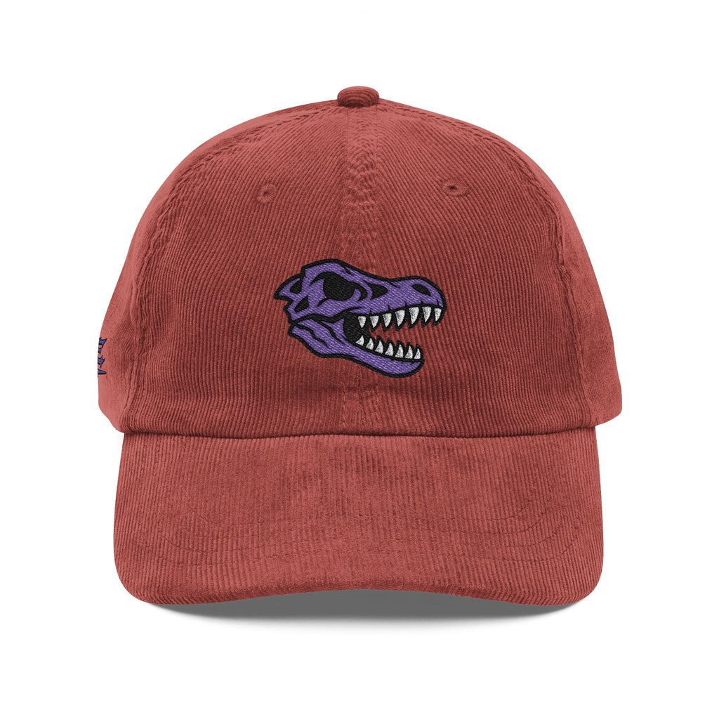 Vintage Corduroy Baseball Cap — Embroidered Purple Dino Skull
