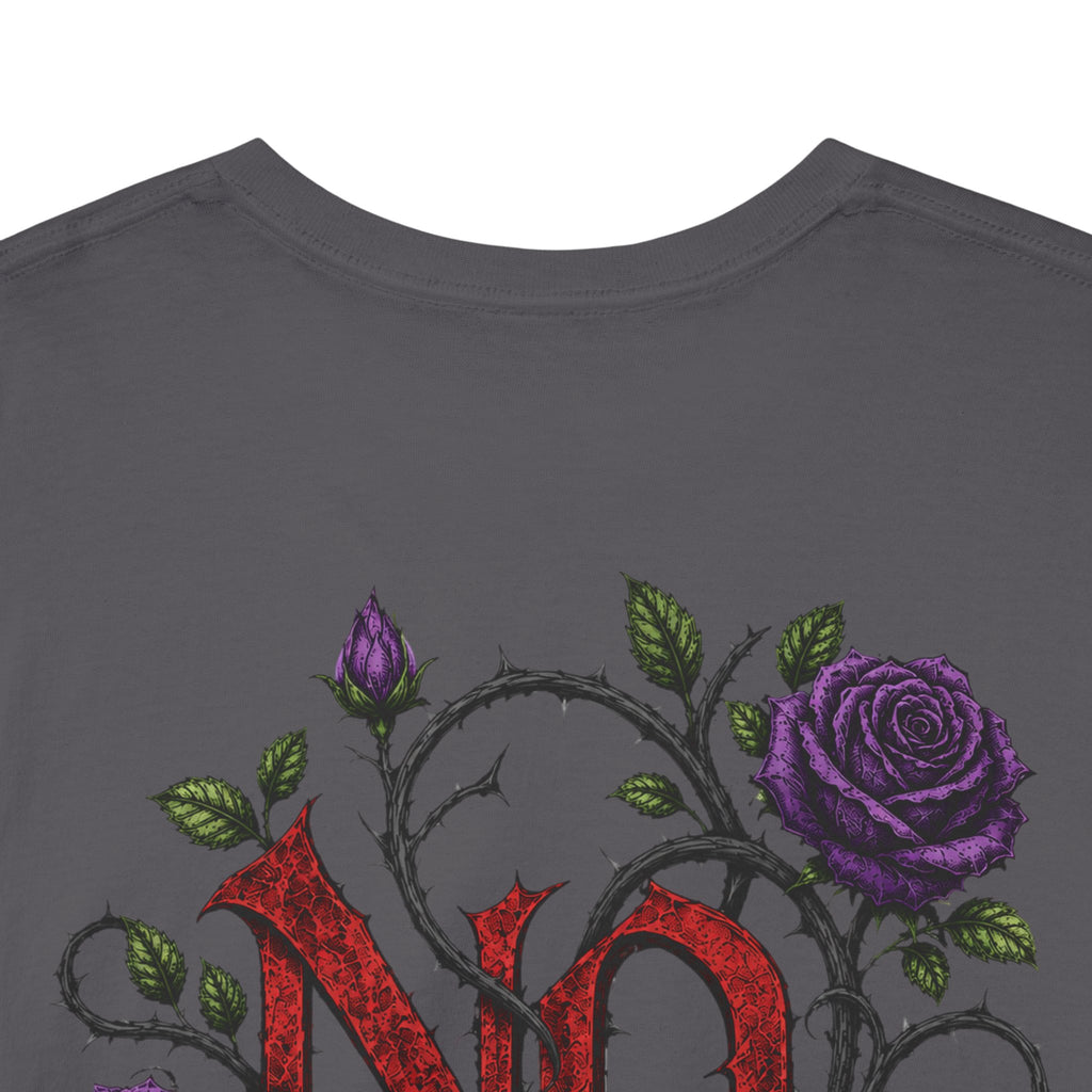 No Go Away T-Shirt | Gothic Purple Roses, Dark Floral Typography