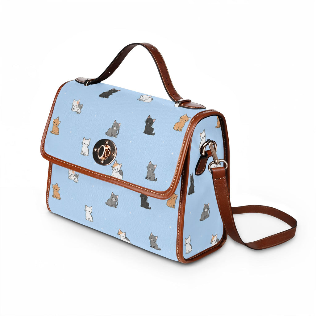 Cute Cat Pattern Waterproof Canvas Bag | Light Blue Cat Print Handbag