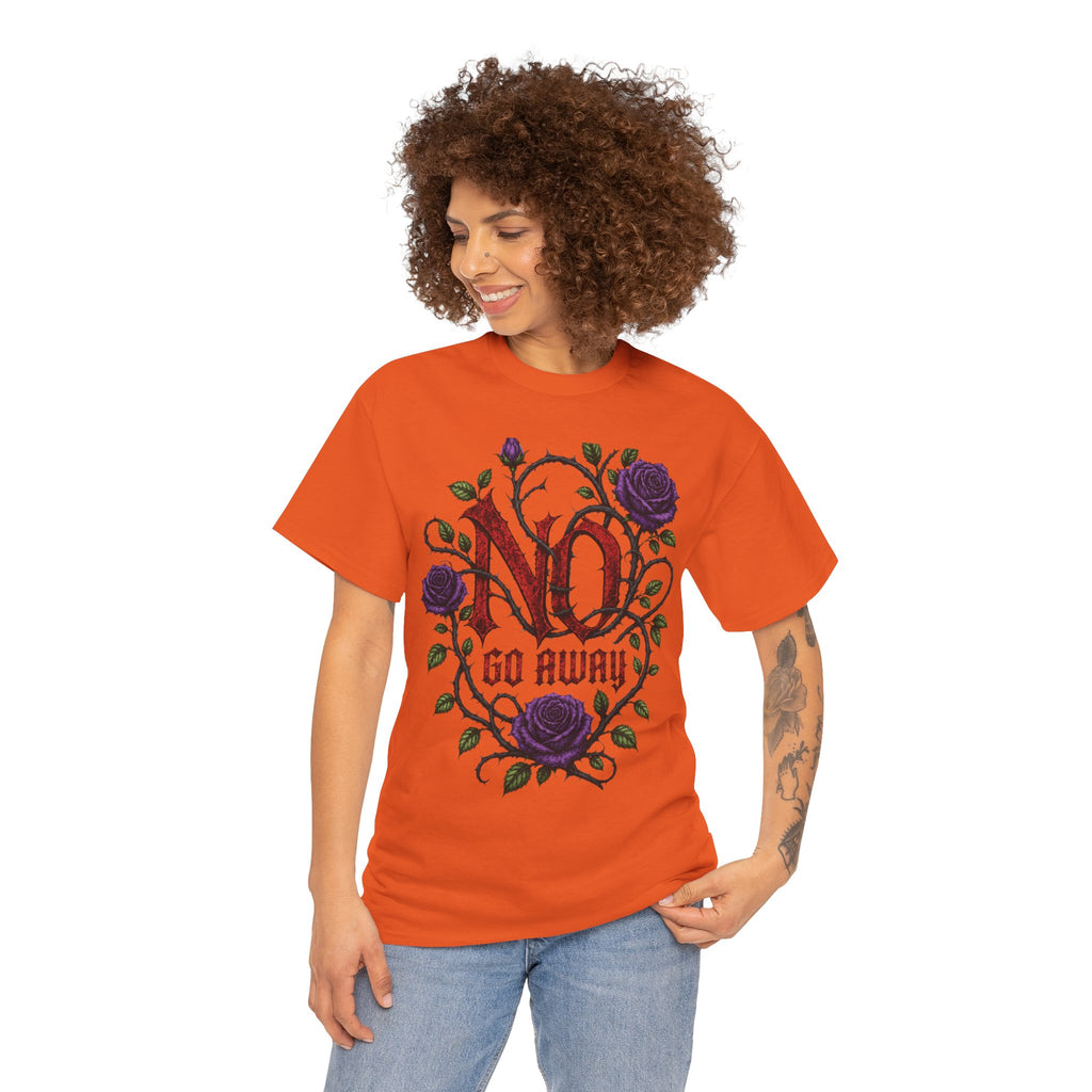 No Go Away T-Shirt | Gothic Purple Roses, Dark Floral Typography