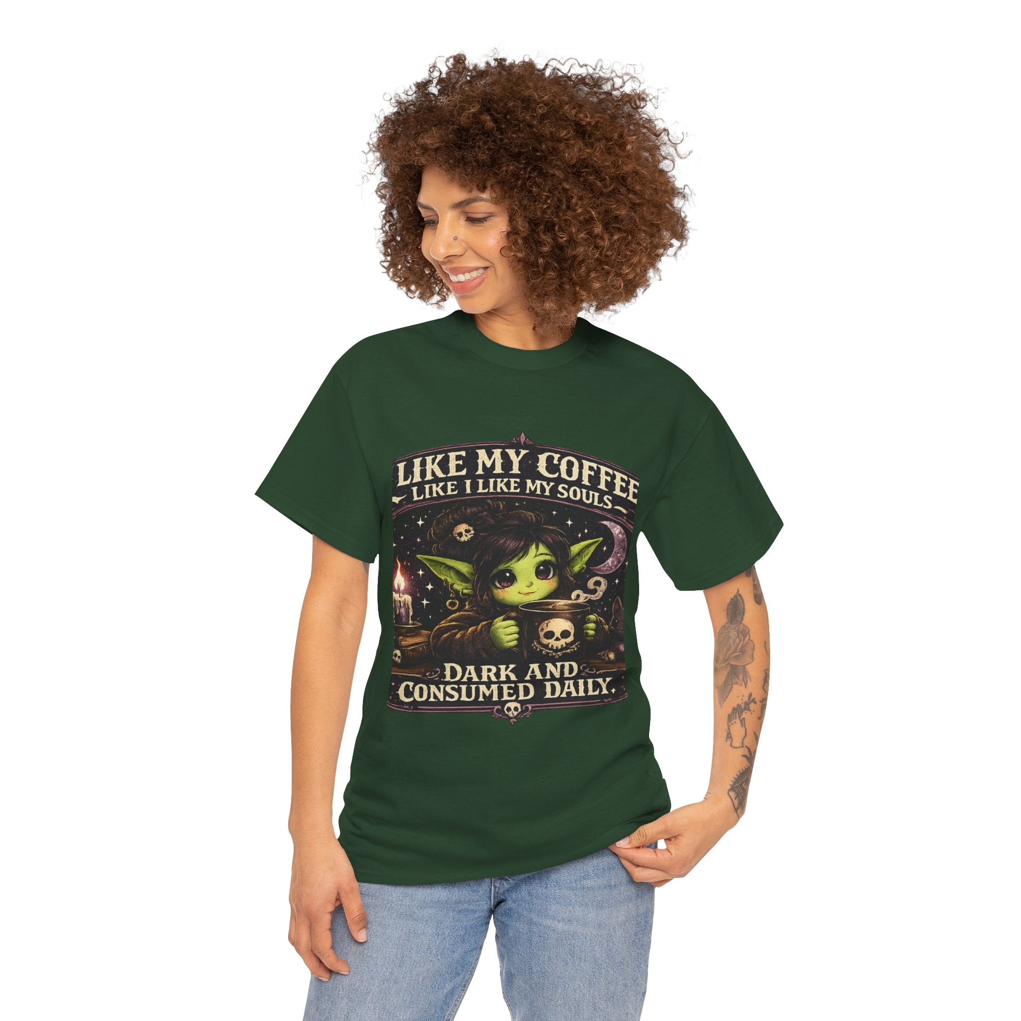 Like My Coffee Tee — "Like My Coffee Like I Like My Souls: Dark and Consumed Daily" Gothic Graphic T-Shirt