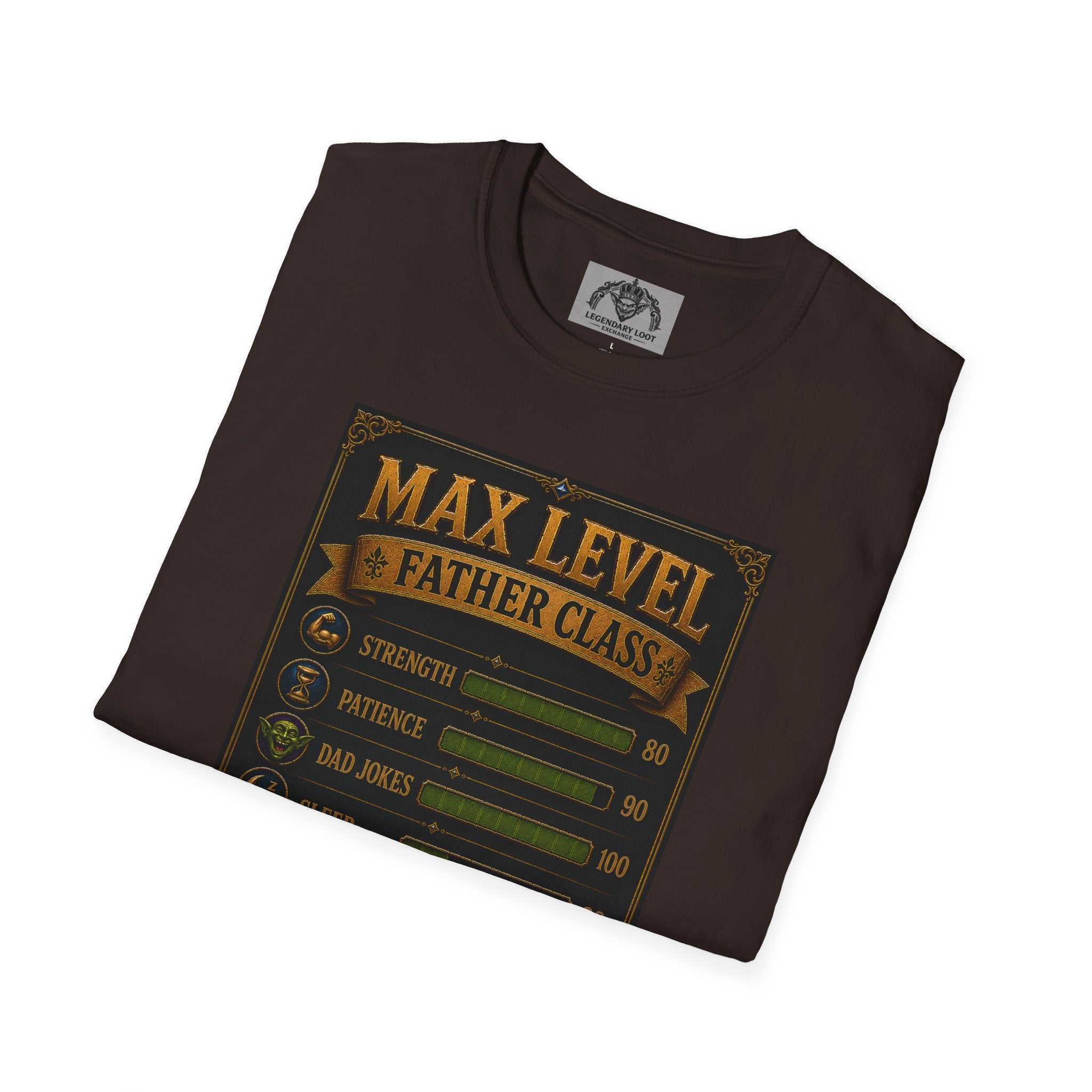 T-Shirt — "Max Level Father Class" Funny Gamer Dad Shirt (Strength, Patience, Dad Jokes)