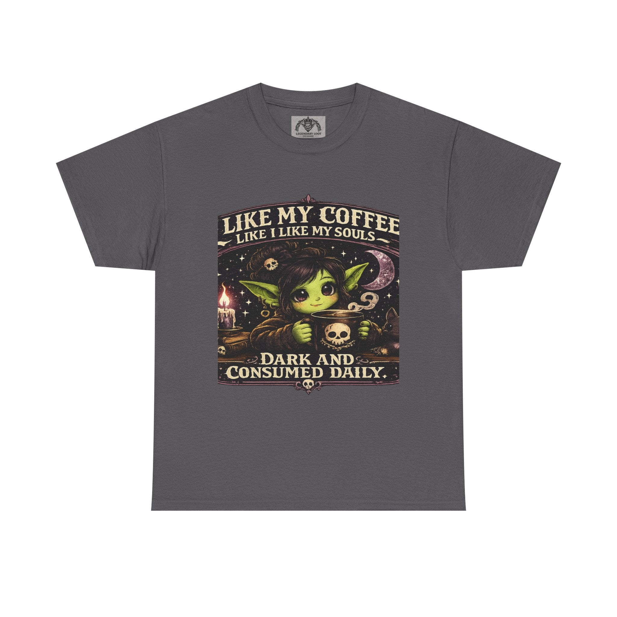Like My Coffee Tee — "Like My Coffee Like I Like My Souls: Dark and Consumed Daily" Gothic Graphic T-Shirt