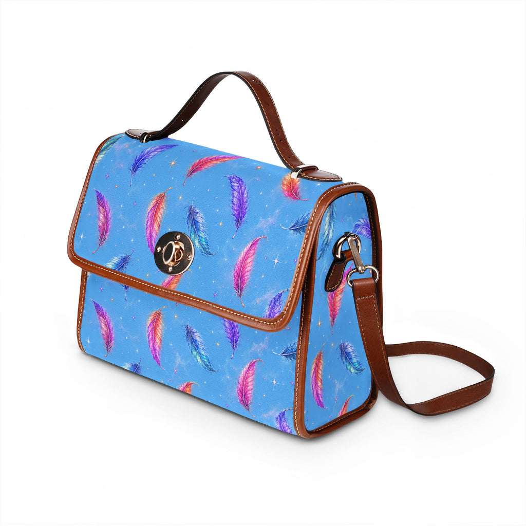 Colorful Watercolor Feathers Waterproof Canvas Bag | Blue Feather Print Tote