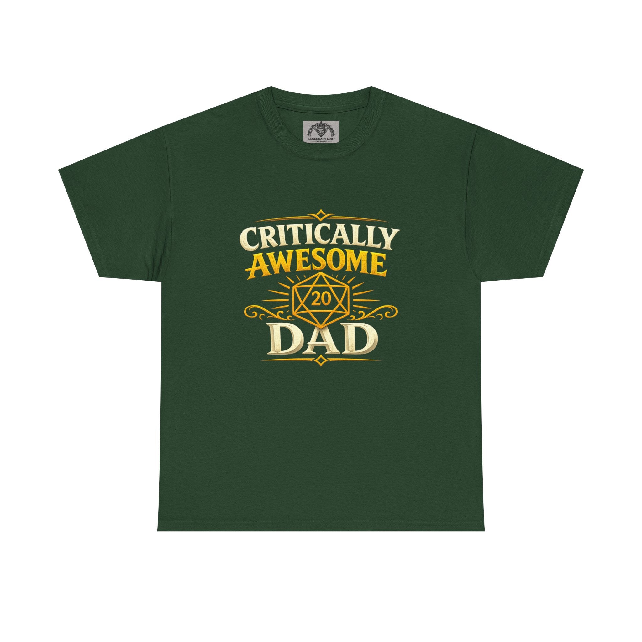 Critically Awesome Dad T‑Shirt – Gold D20 Gaming Father Tee (Father’s Day, Gamer Dad Gift)