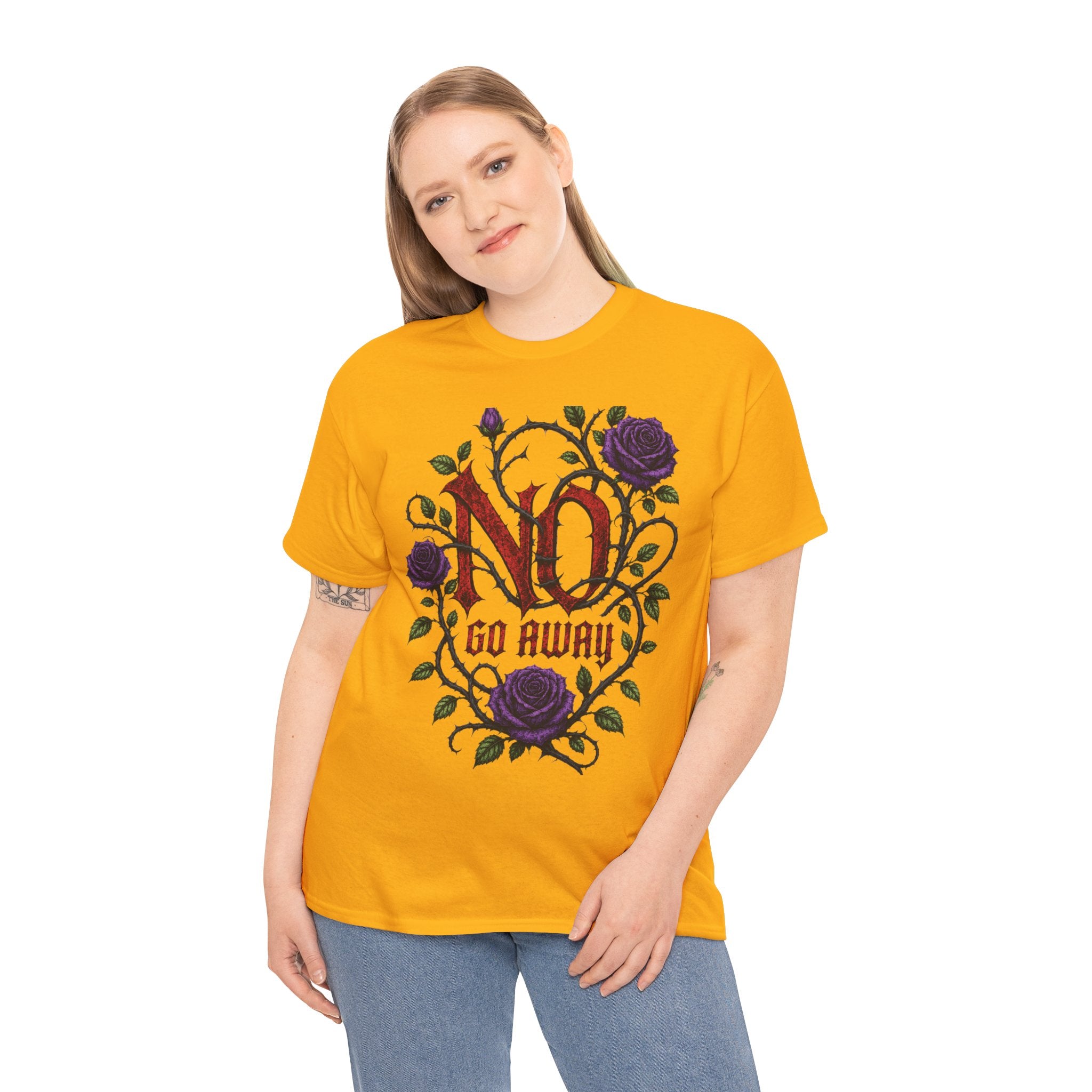 No Go Away T-Shirt | Gothic Purple Roses, Dark Floral Typography