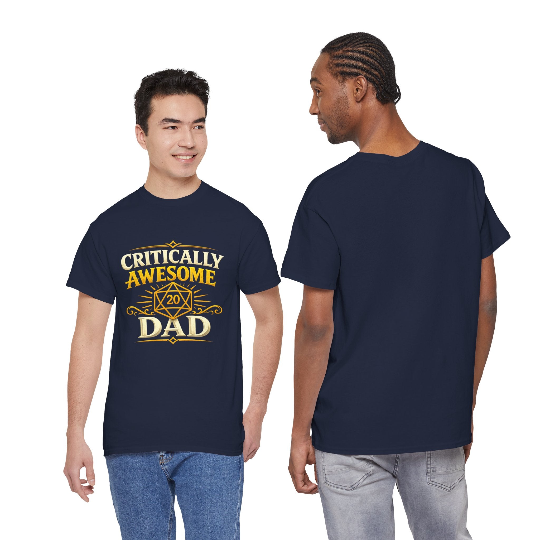 Critically Awesome Dad T‑Shirt – Gold D20 Gaming Father Tee (Father’s Day, Gamer Dad Gift)