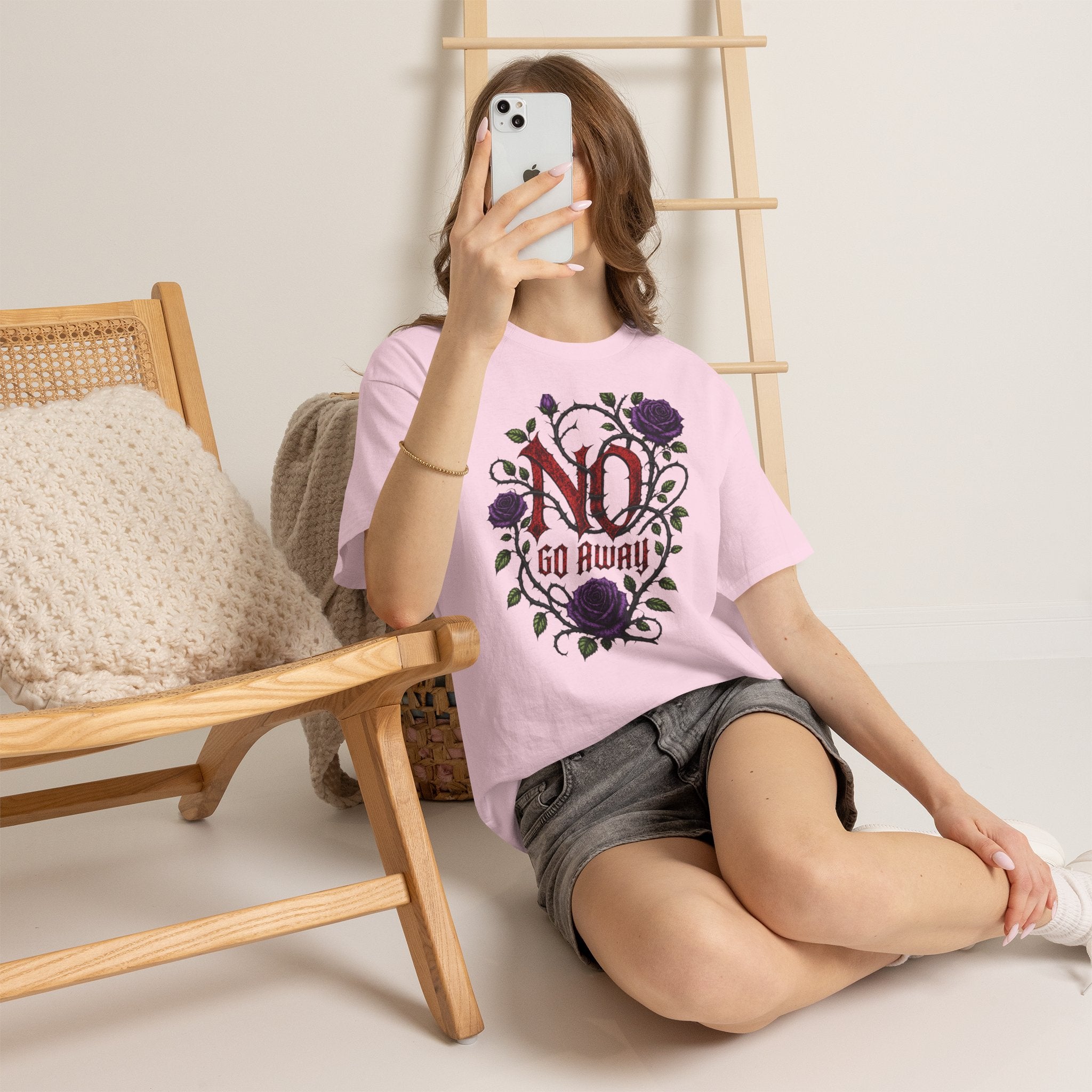 No Go Away T-Shirt | Gothic Purple Roses, Dark Floral Typography