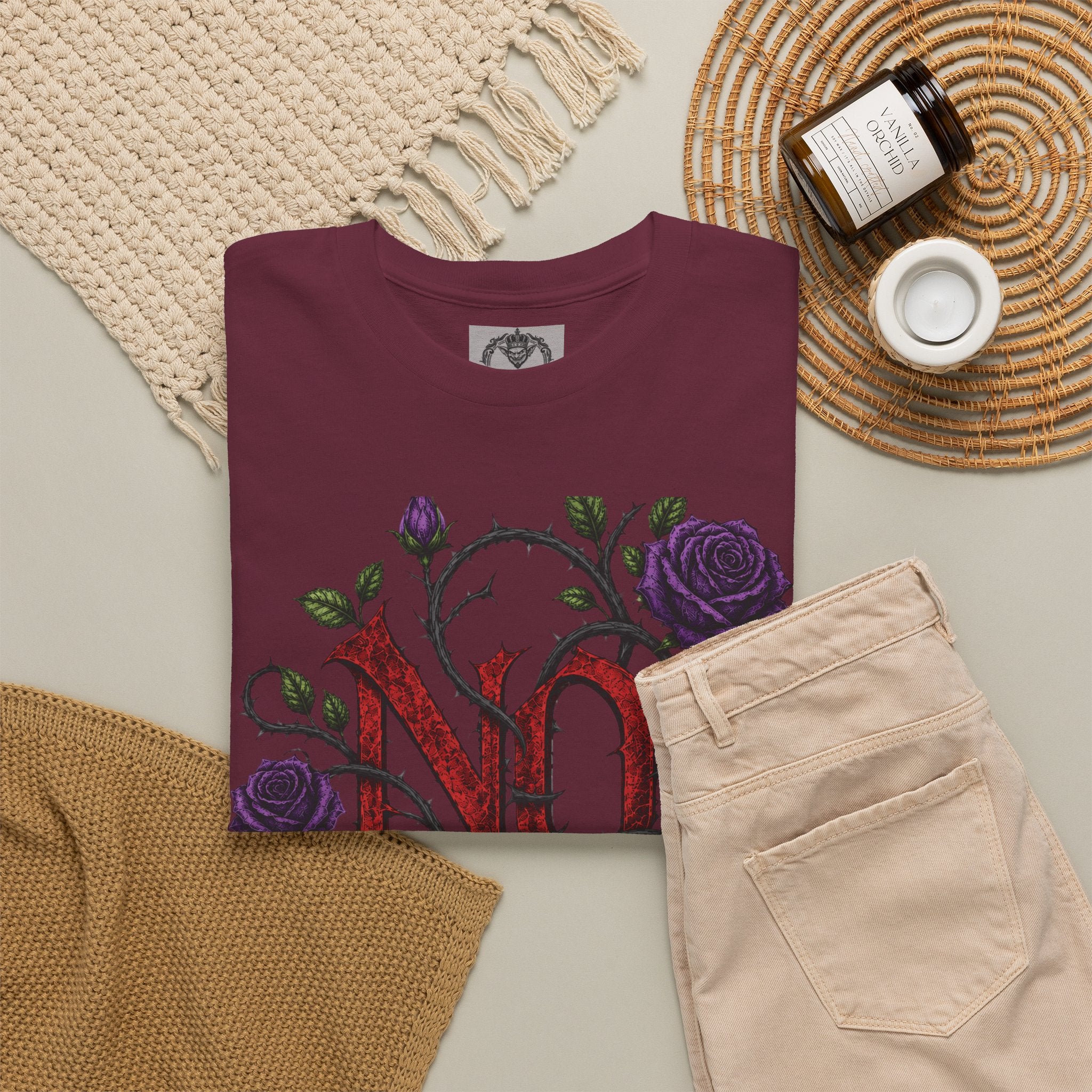 No Go Away T-Shirt | Gothic Purple Roses, Dark Floral Typography