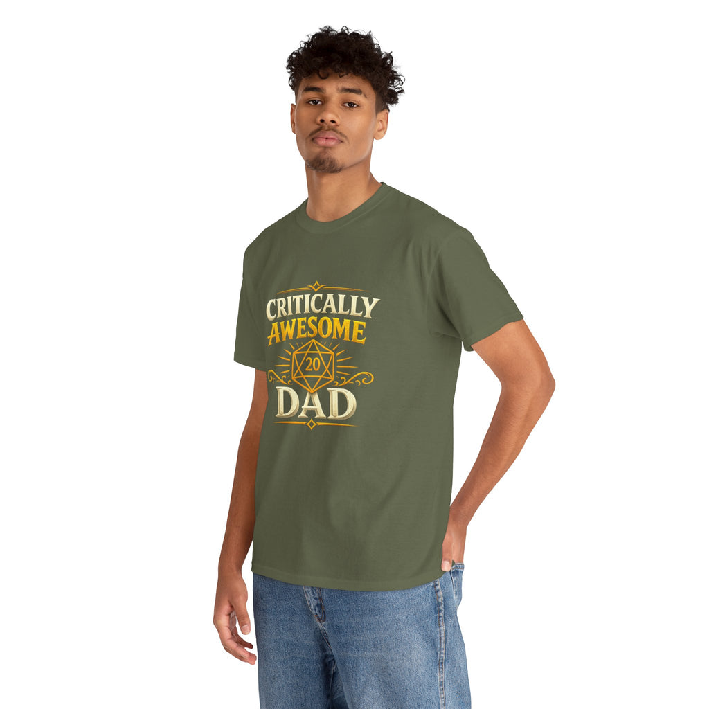 Critically Awesome Dad T‑Shirt – Gold D20 Gaming Father Tee (Father’s Day, Gamer Dad Gift)