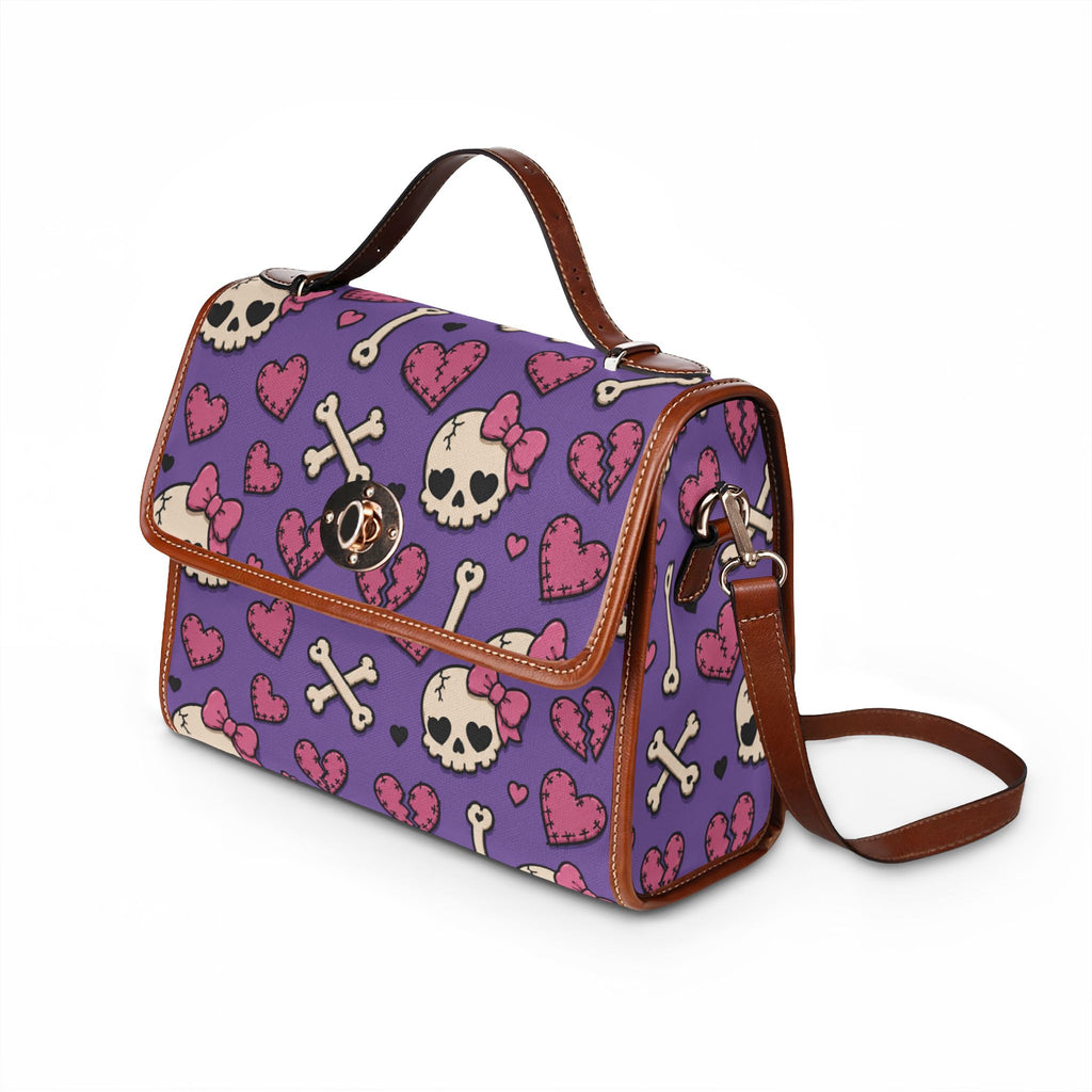 Cute Skull and Hearts Purple Pattern Waterproof Canvas Bag | Skull Crossbones Hearts Tote
