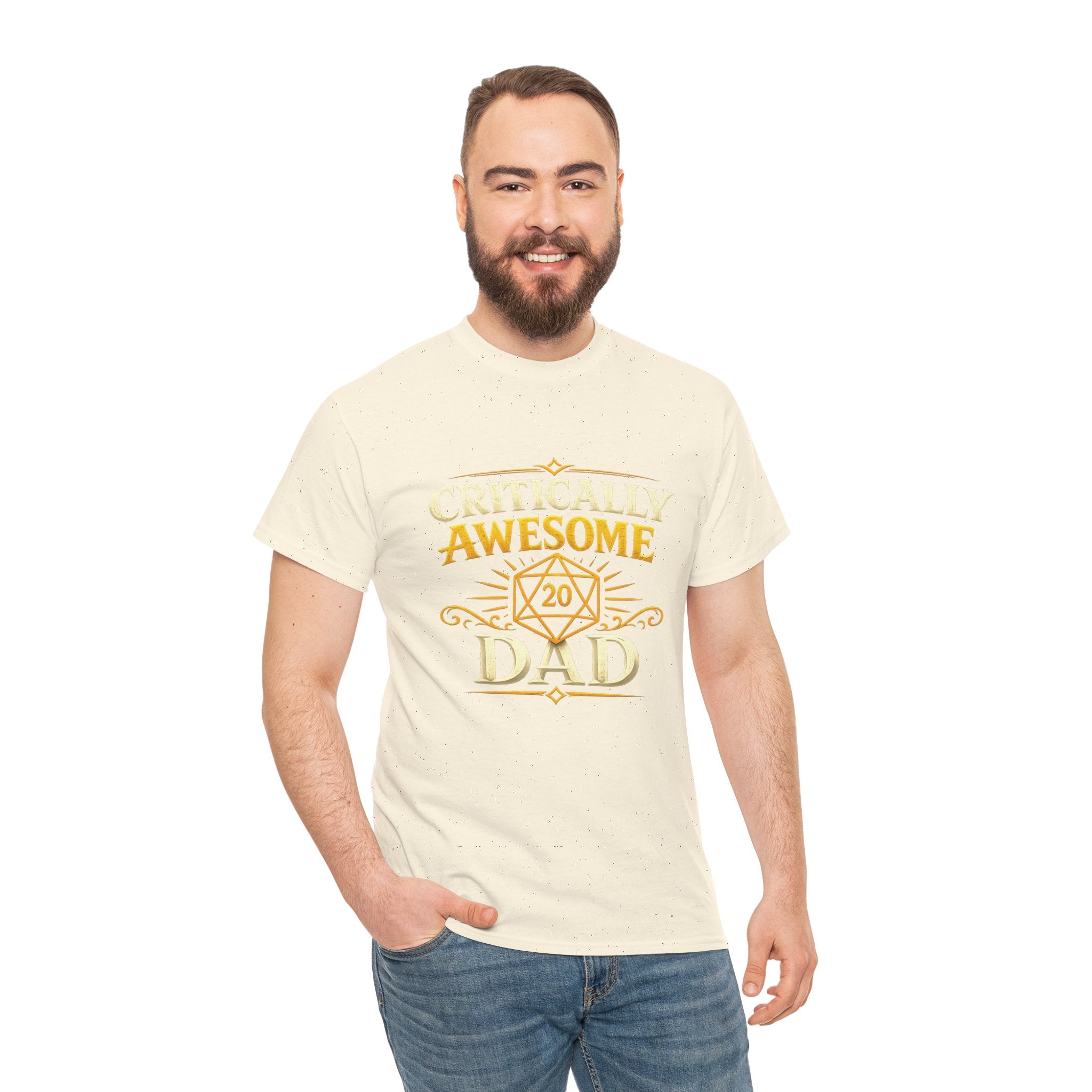 Critically Awesome Dad T‑Shirt – Gold D20 Gaming Father Tee (Father’s Day, Gamer Dad Gift)
