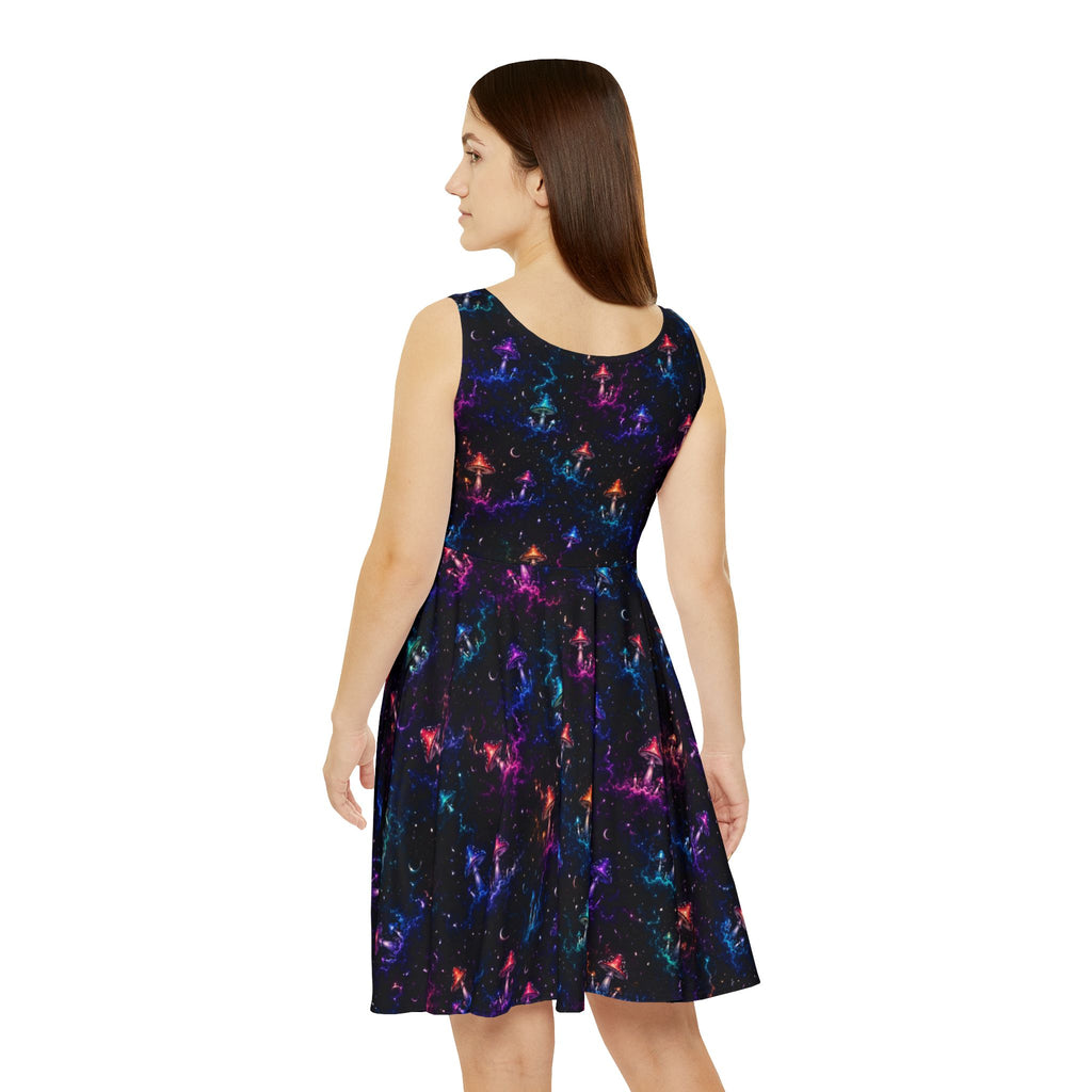 Neon Galaxy Mushroom Pattern Skater Dress | Space Nebula Stars All-Over Print