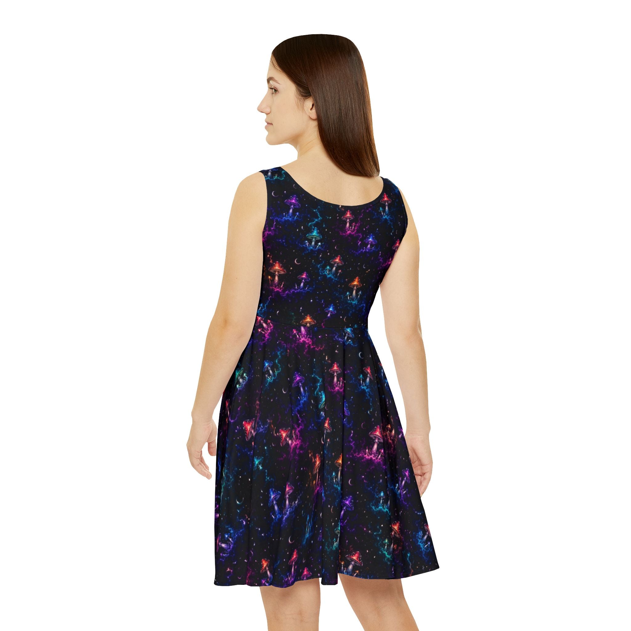 Neon Galaxy Mushroom Pattern Skater Dress | Space Nebula Stars All-Over Print