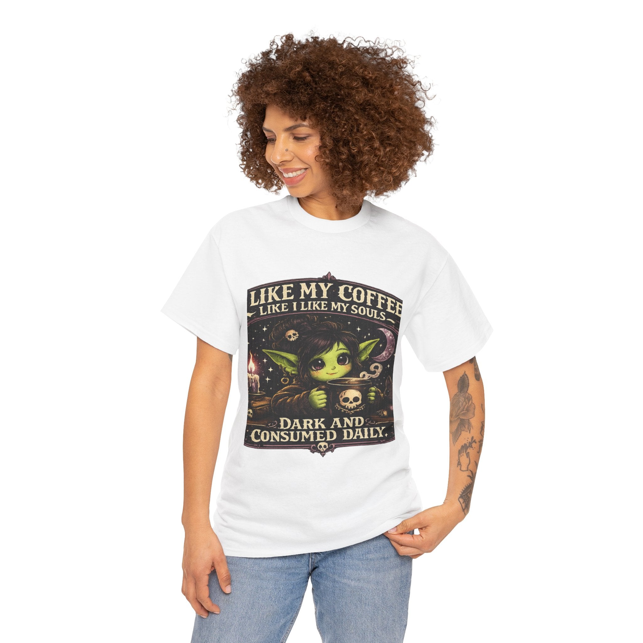 Like My Coffee Tee — "Like My Coffee Like I Like My Souls: Dark and Consumed Daily" Gothic Graphic T-Shirt