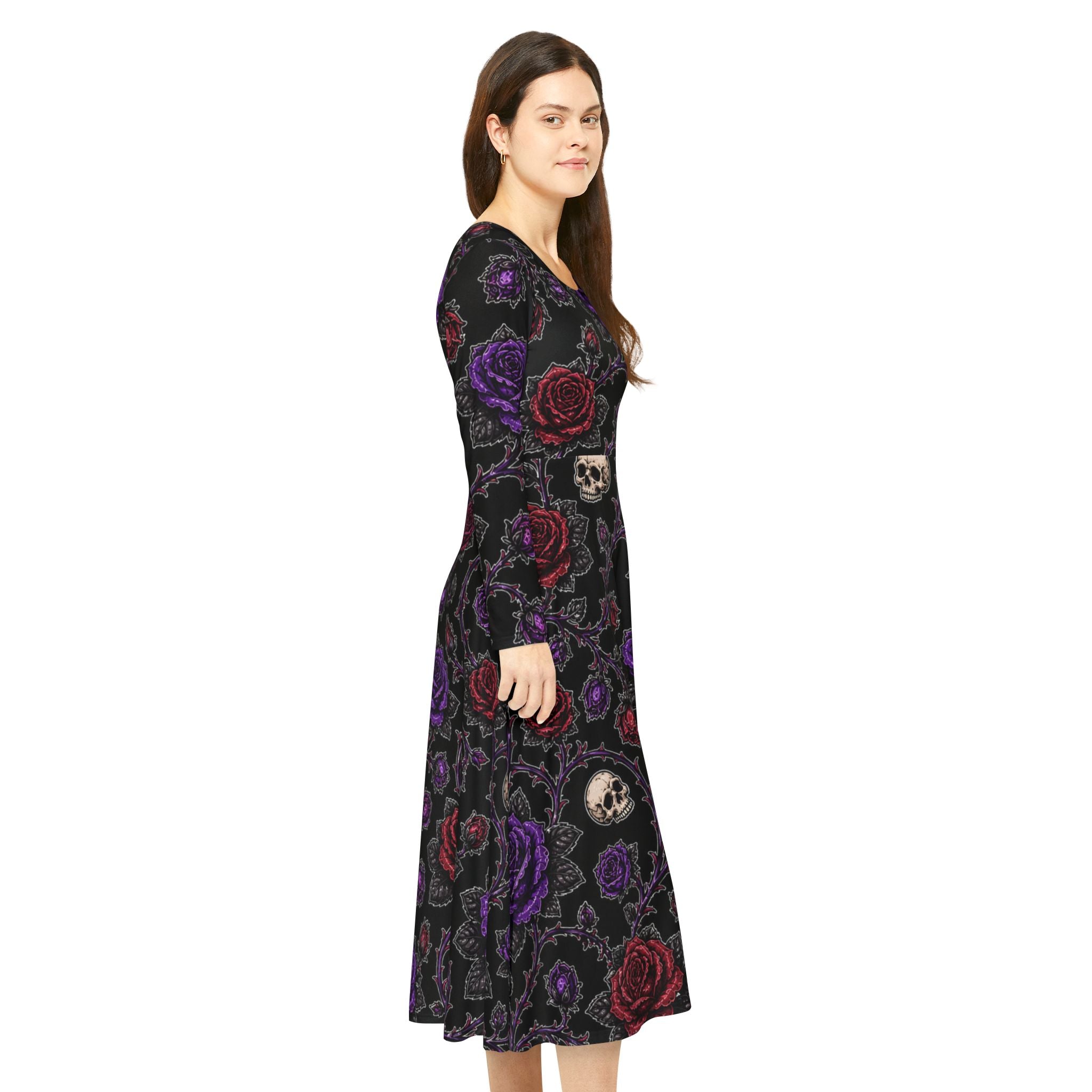 Gothic Skull & Roses Dress | Long Sleeve Floral Skull Pattern