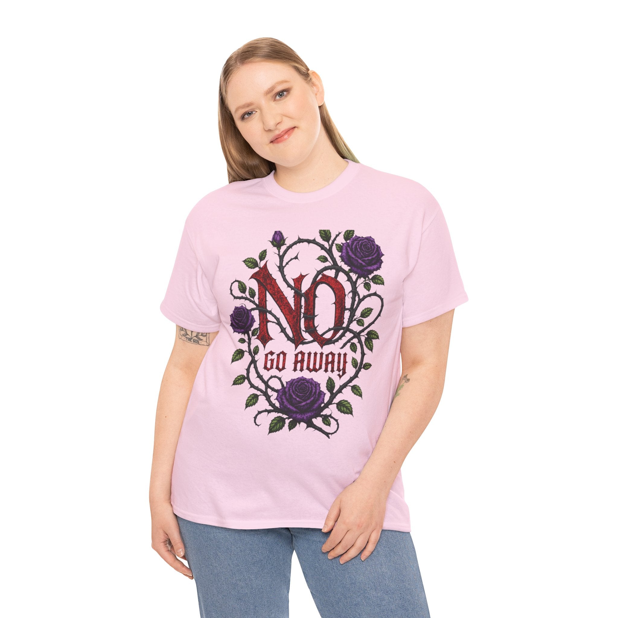 No Go Away T-Shirt | Gothic Purple Roses, Dark Floral Typography