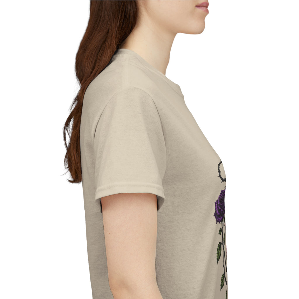 No Go Away T-Shirt | Gothic Purple Roses, Dark Floral Typography