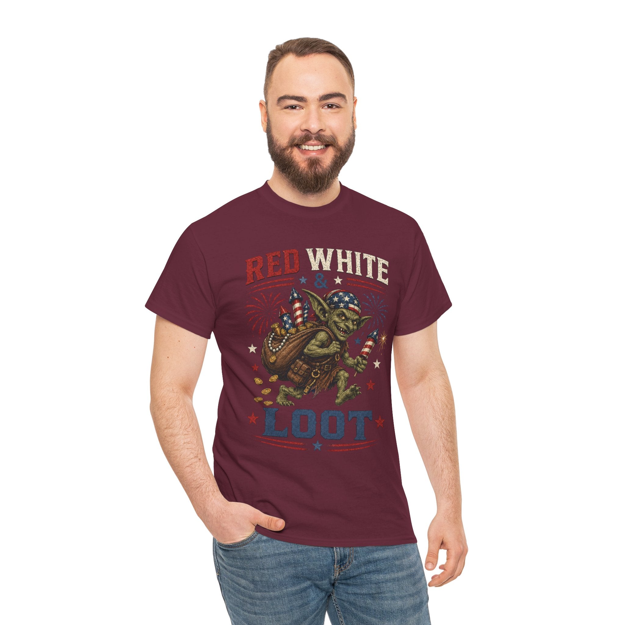 Red White & Loot Goblin Illustration Tee | Patriotic Fourth of July Shirt