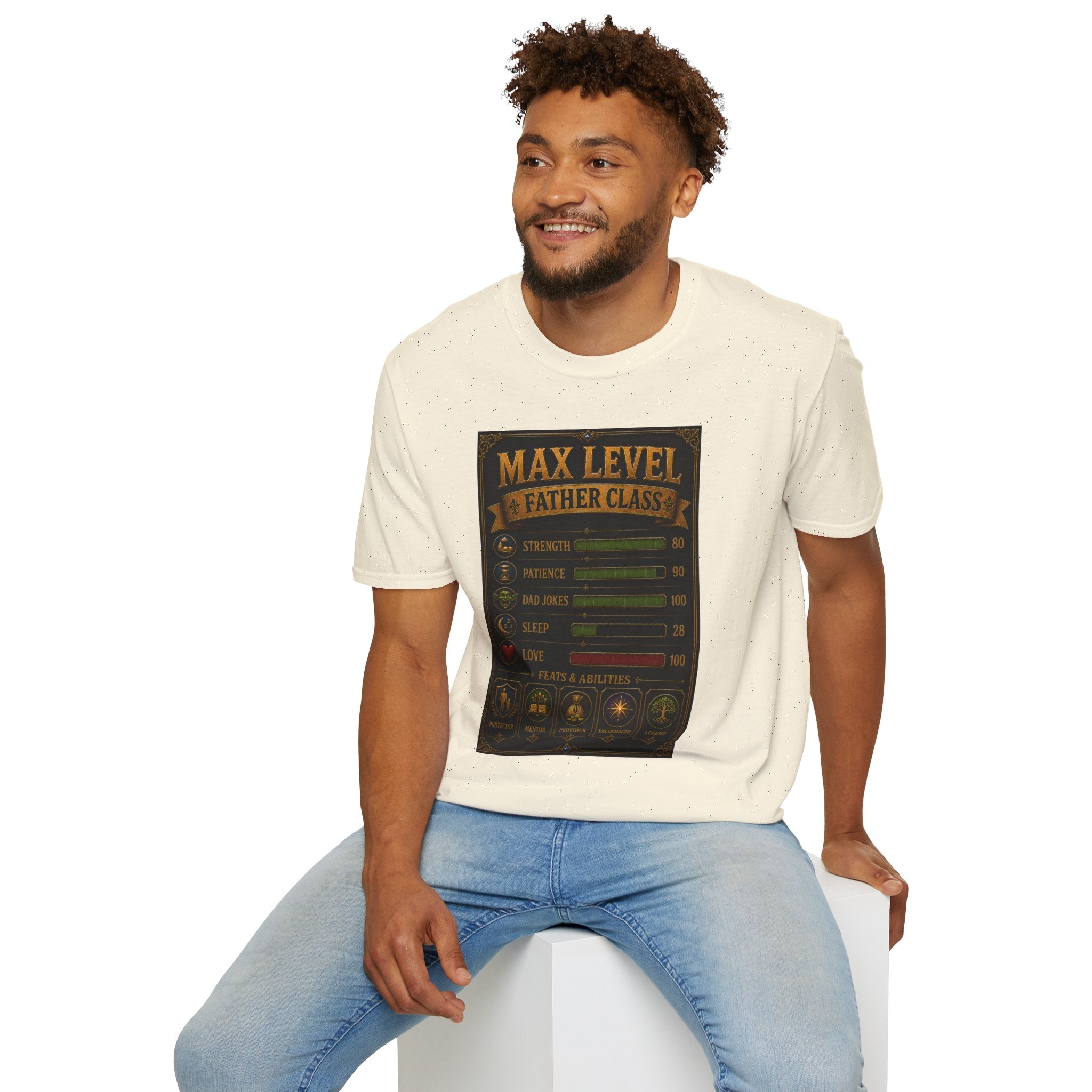T-Shirt — "Max Level Father Class" Funny Gamer Dad Shirt (Strength, Patience, Dad Jokes)