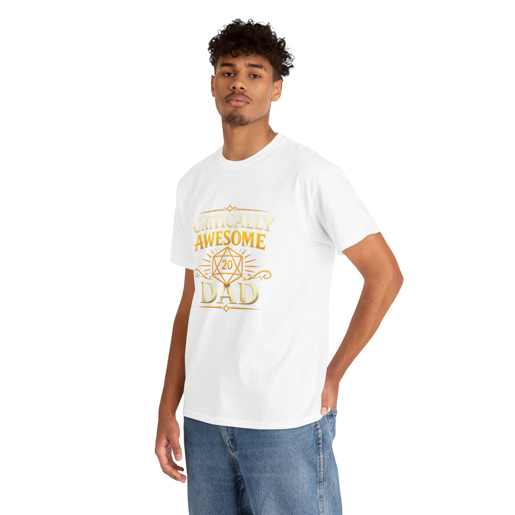 Critically Awesome Dad T‑Shirt – Gold D20 Gaming Father Tee (Father’s Day, Gamer Dad Gift)