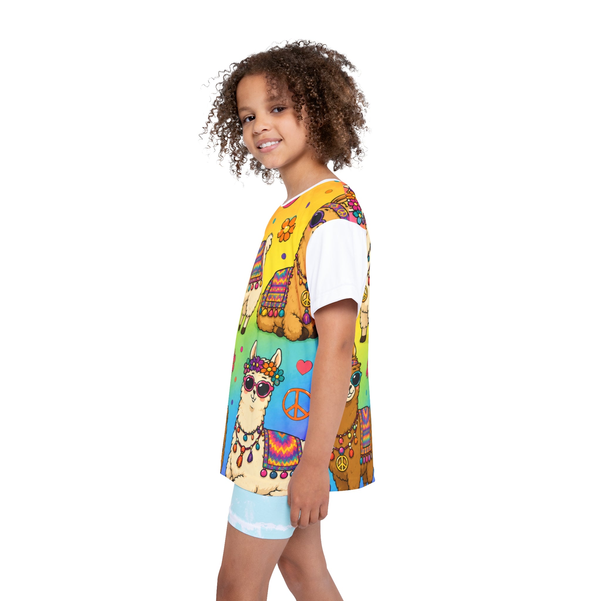 Hippie Llama Print Kids Jersey | Colorful Alpaca Pattern Tee