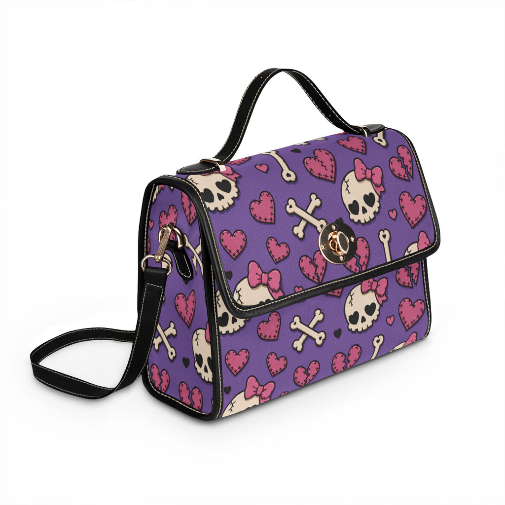 Cute Skull and Hearts Purple Pattern Waterproof Canvas Bag | Skull Crossbones Hearts Tote