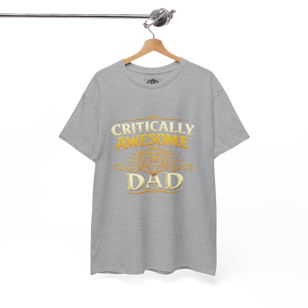 Critically Awesome Dad T‑Shirt – Gold D20 Gaming Father Tee (Father’s Day, Gamer Dad Gift)