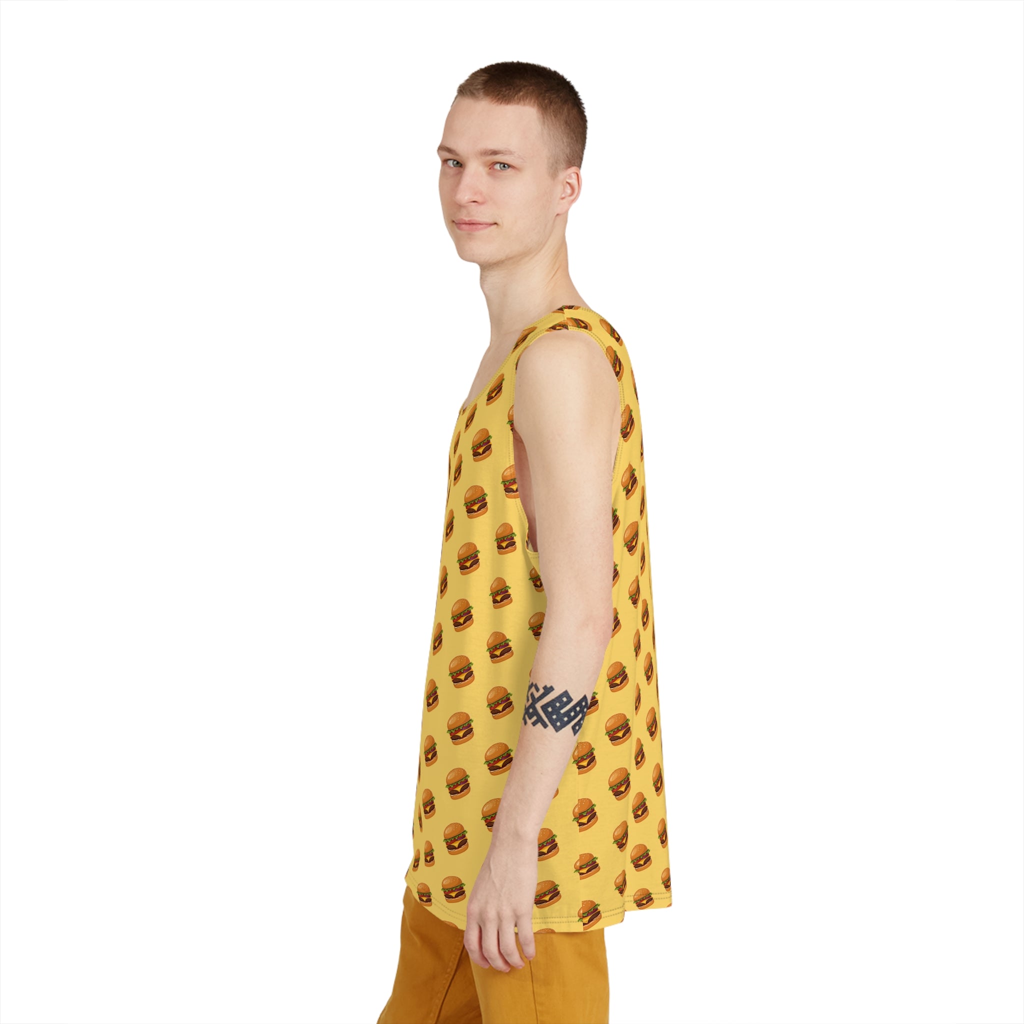 Burger Pattern Tank Top — All-Over Print Cheeseburger Graphic Men’s Tank