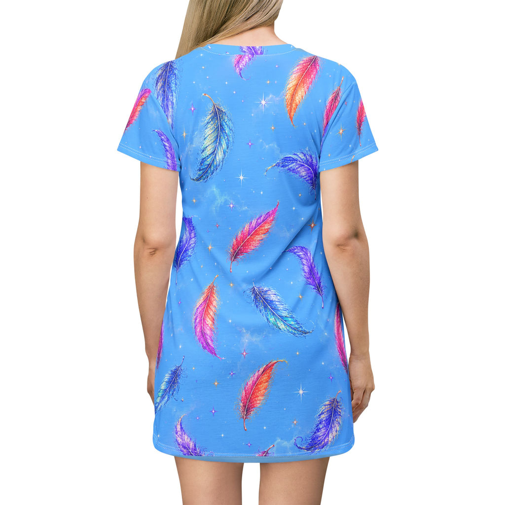 Feather Dream T-Shirt Dress - Colorful Watercolor Feathers AOP