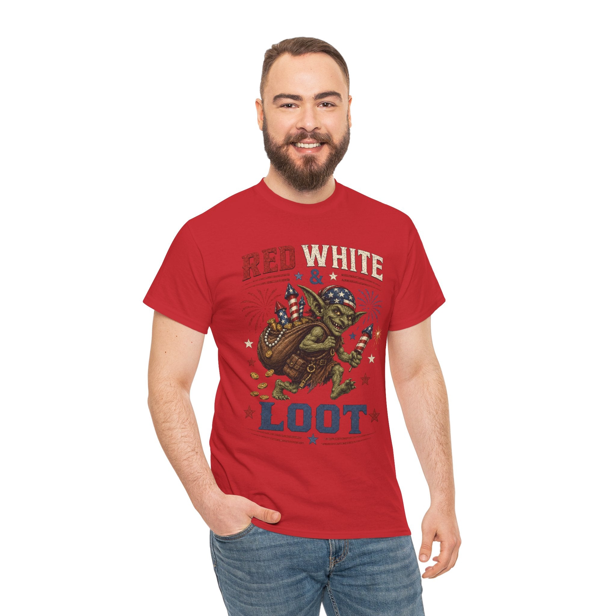 Red White & Loot Goblin Illustration Tee | Patriotic Fourth of July Shirt