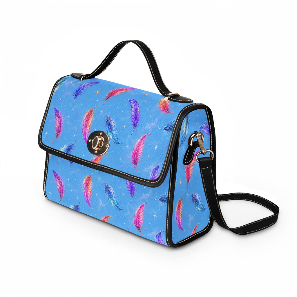 Colorful Watercolor Feathers Waterproof Canvas Bag | Blue Feather Print Tote