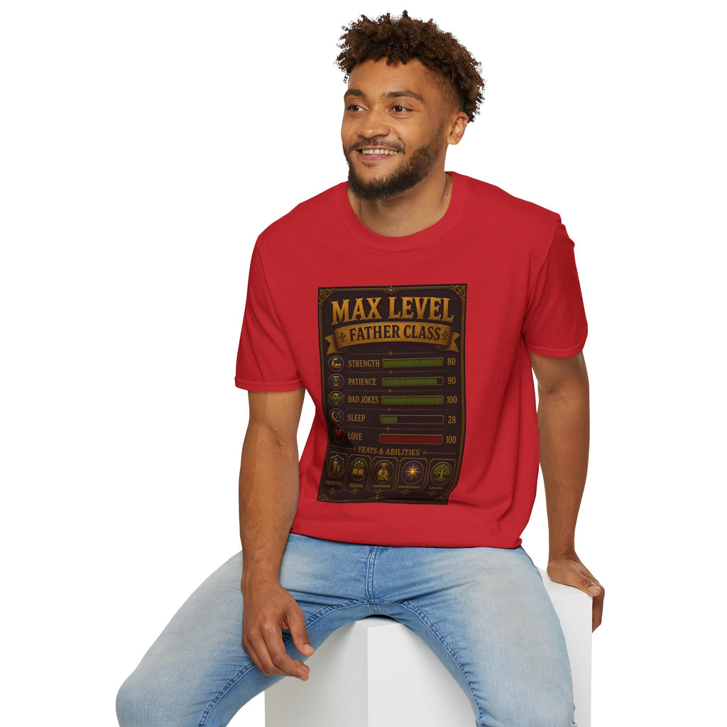 T-Shirt — "Max Level Father Class" Funny Gamer Dad Shirt (Strength, Patience, Dad Jokes)