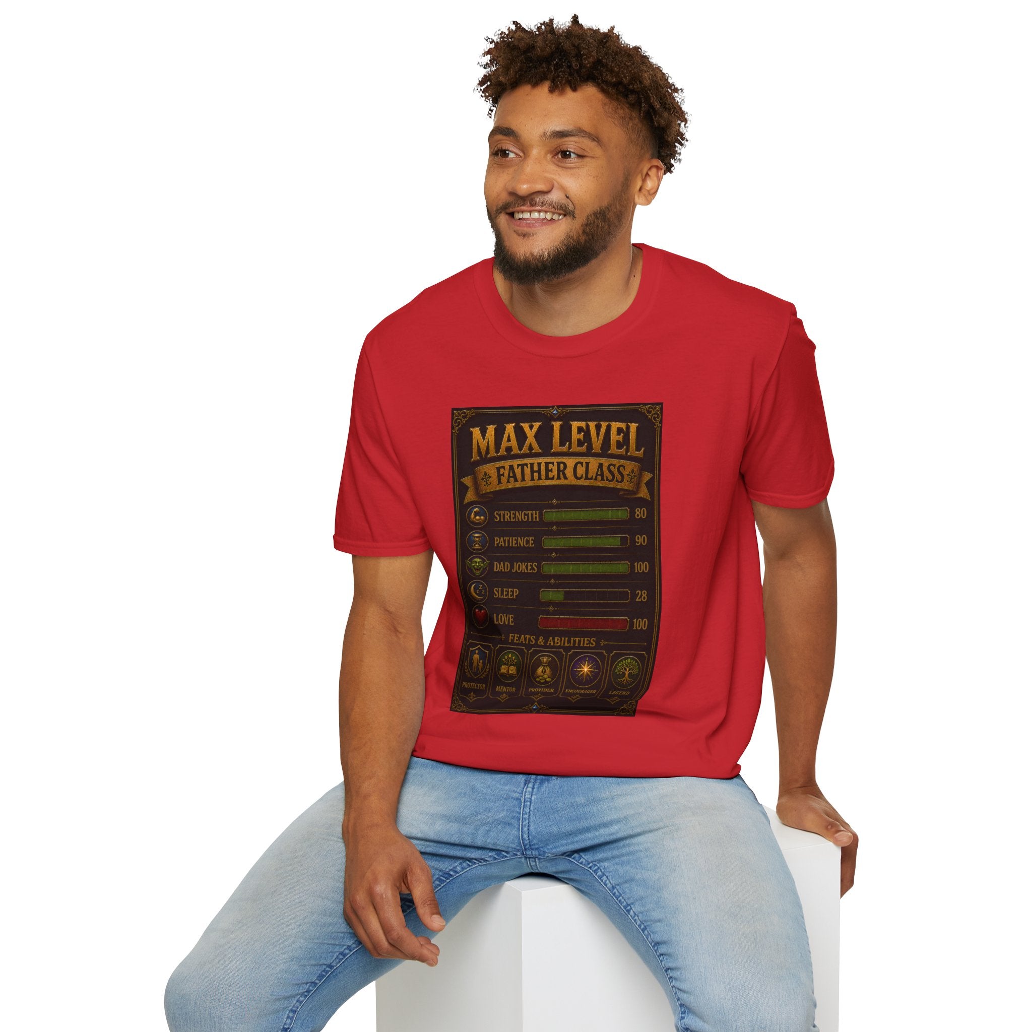 T-Shirt — "Max Level Father Class" Funny Gamer Dad Shirt (Strength, Patience, Dad Jokes)