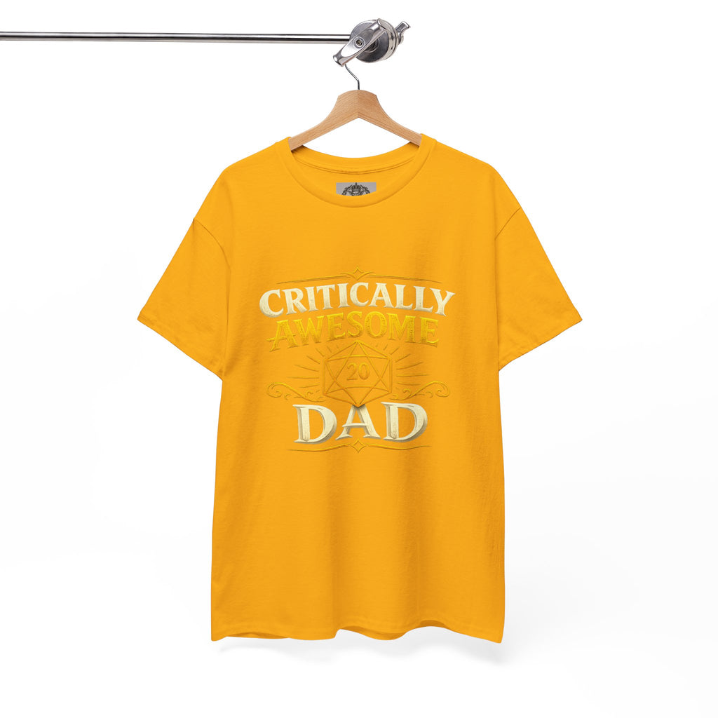 Critically Awesome Dad T‑Shirt – Gold D20 Gaming Father Tee (Father’s Day, Gamer Dad Gift)