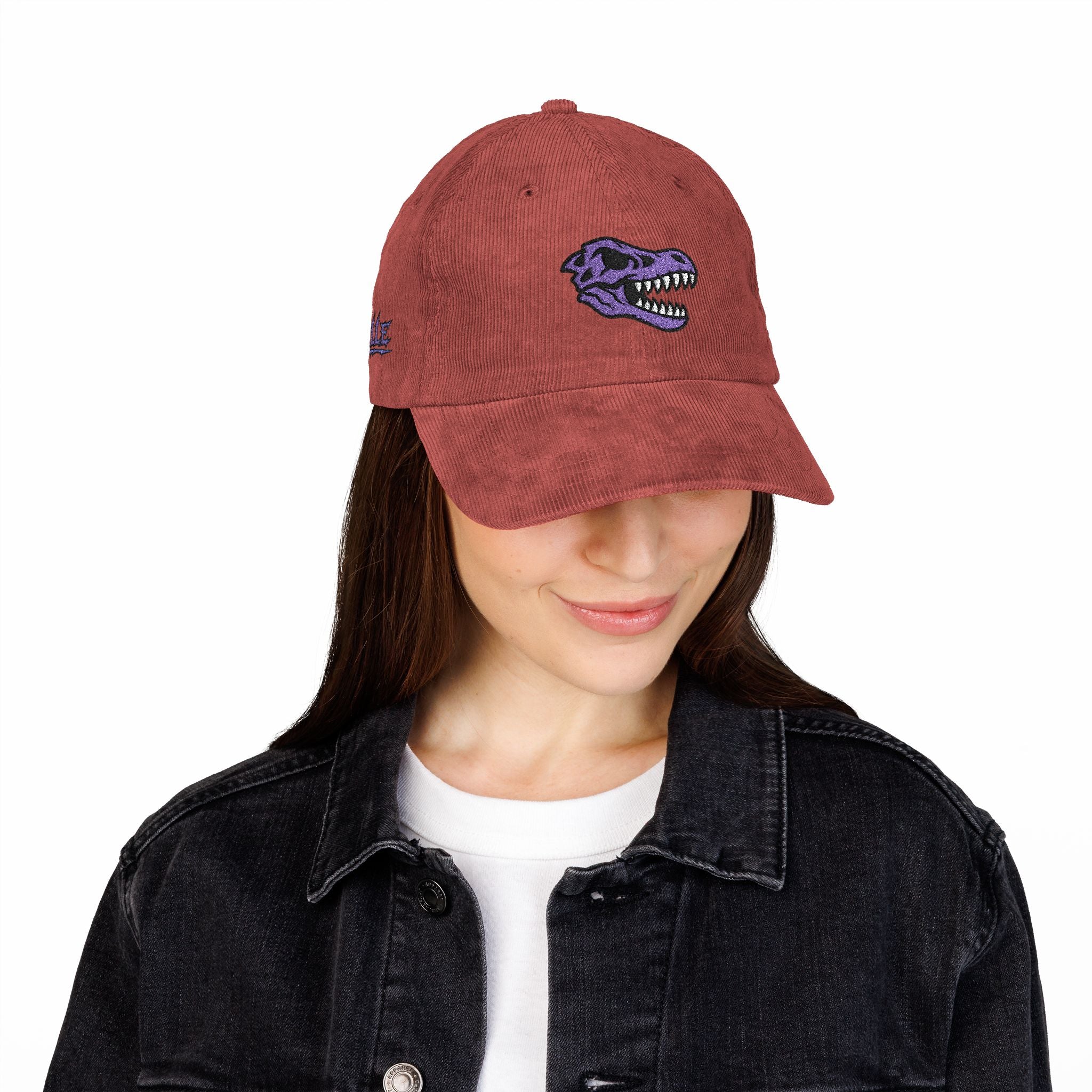Vintage Corduroy Baseball Cap — Embroidered Purple Dino Skull