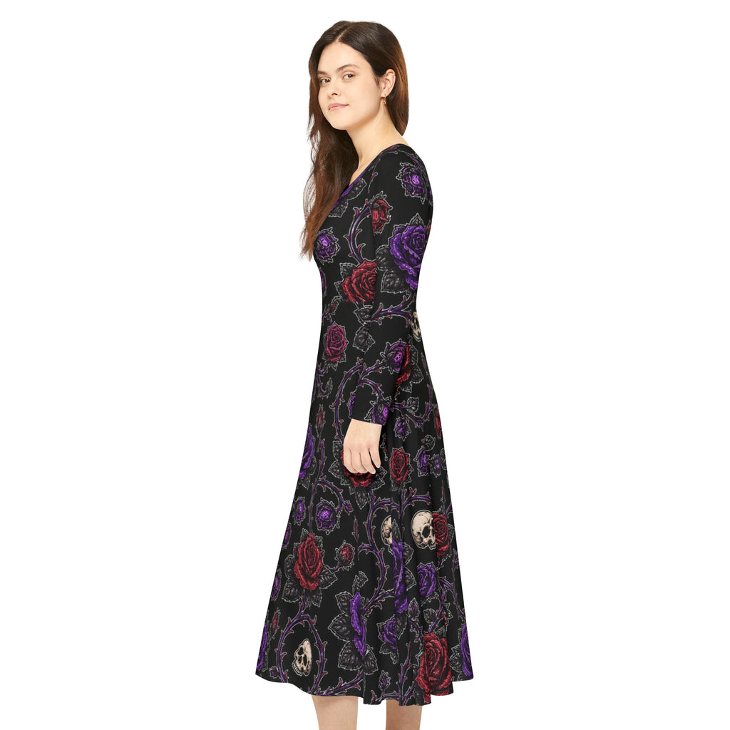 Gothic Skull & Roses Dress | Long Sleeve Floral Skull Pattern