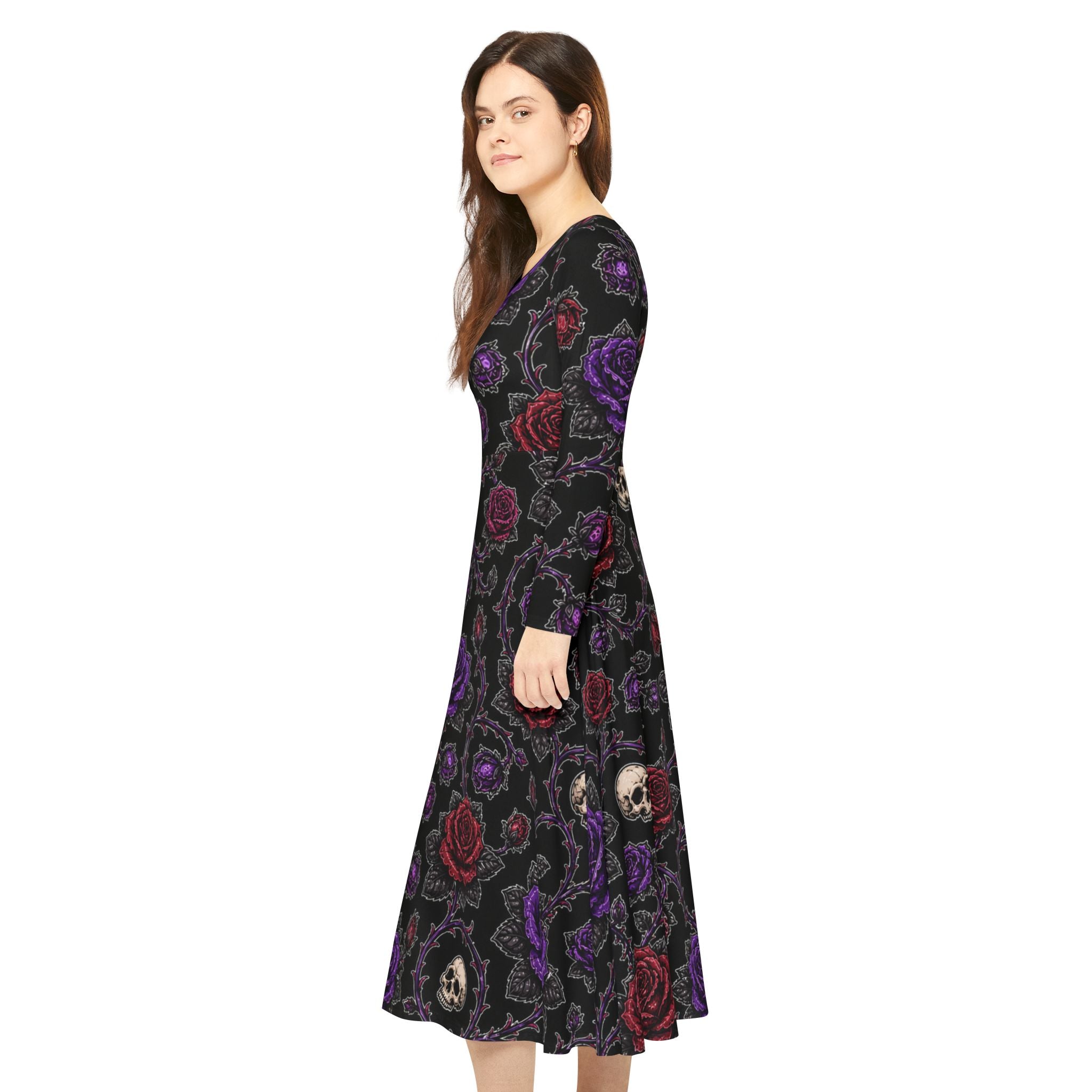 Gothic Skull & Roses Dress | Long Sleeve Floral Skull Pattern